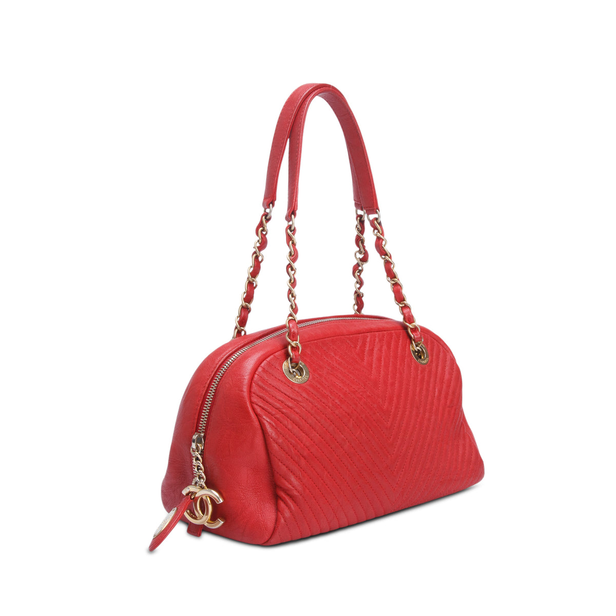 Chanel Red Chevron Aged Lambskin Bowling Bag