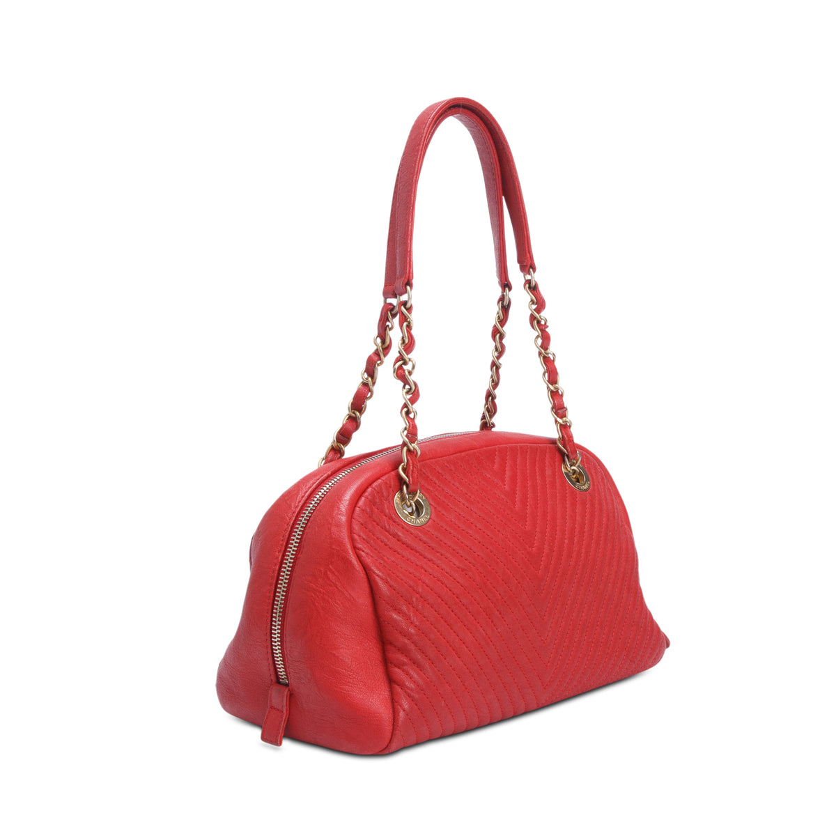 Chanel Red Chevron Aged Lambskin Bowling Bag