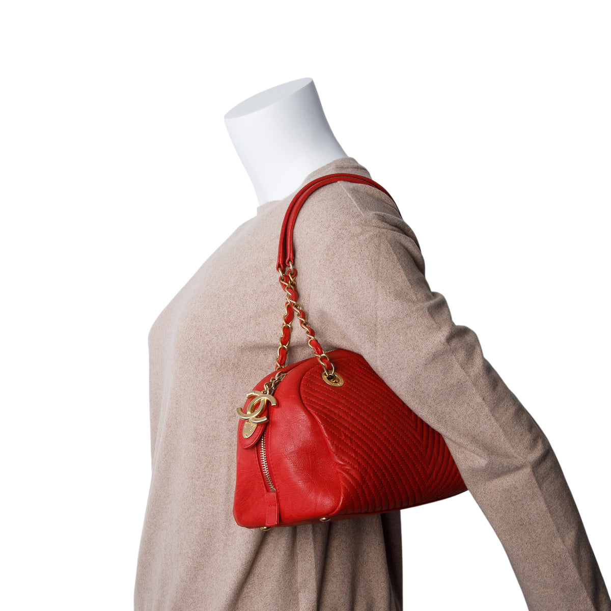 Chanel Red Chevron Aged Lambskin Bowling Bag
