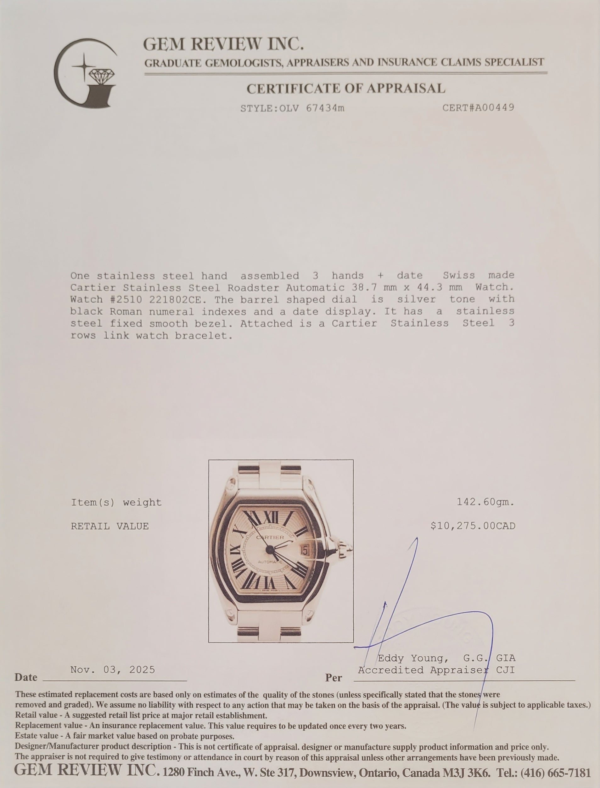 Cartier Stainless Steel Roadster Automatic Watch Silver Dial 2510