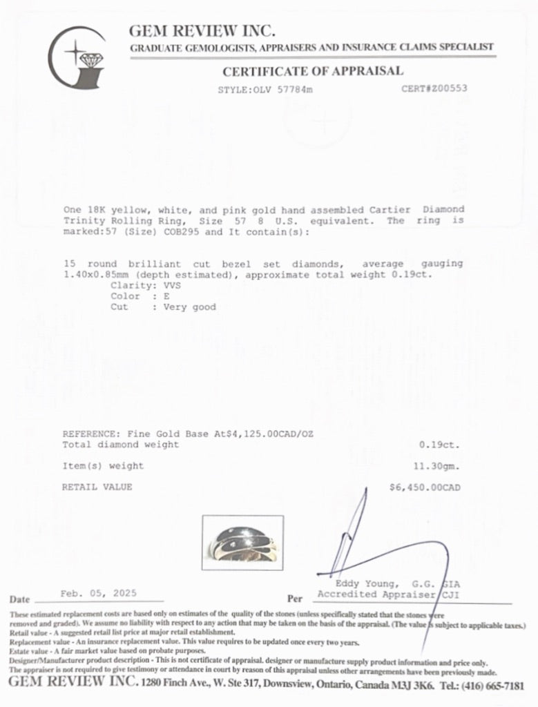 Cartier 18k Yellow, White & Rose Gold Diamond Trinity Rolling Ring, Size 57 8 w/ Box