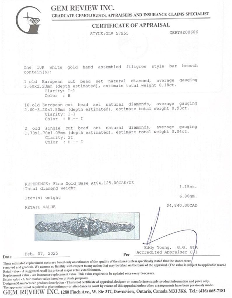 Antique 10k White Gold Diamond Filigree Bar Brooch