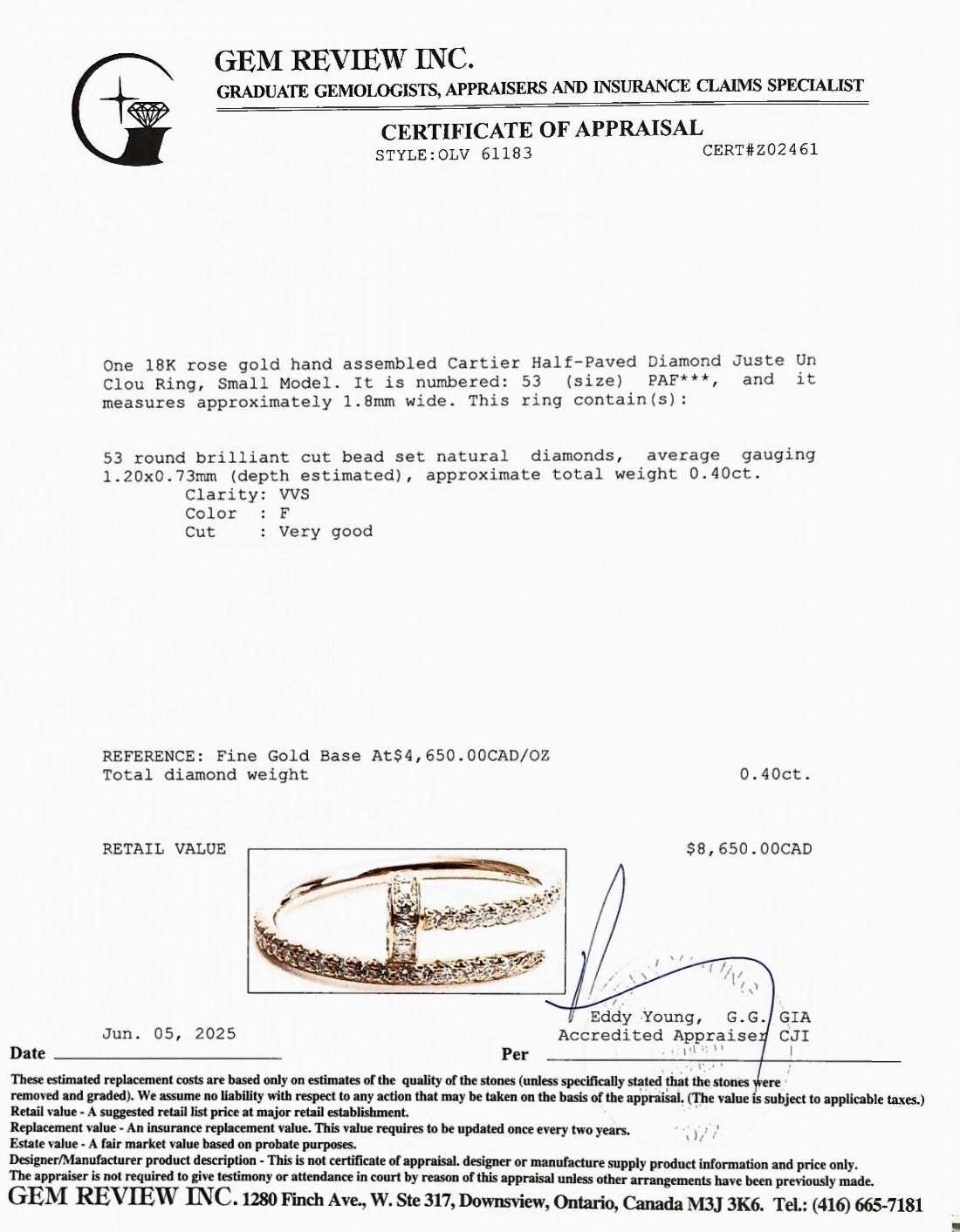 Cartier 18k Rose Gold Half-Paved Diamond Juste Un Clou Ring, Small Model Size 53 6.25 w/ Box, Receipt & Certificate