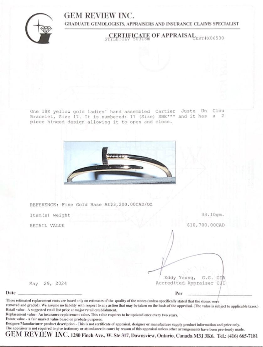 Cartier 2022 18k Yellow Gold Juste Un Clou Bracelet, Size 17 w/ Box & Certificate