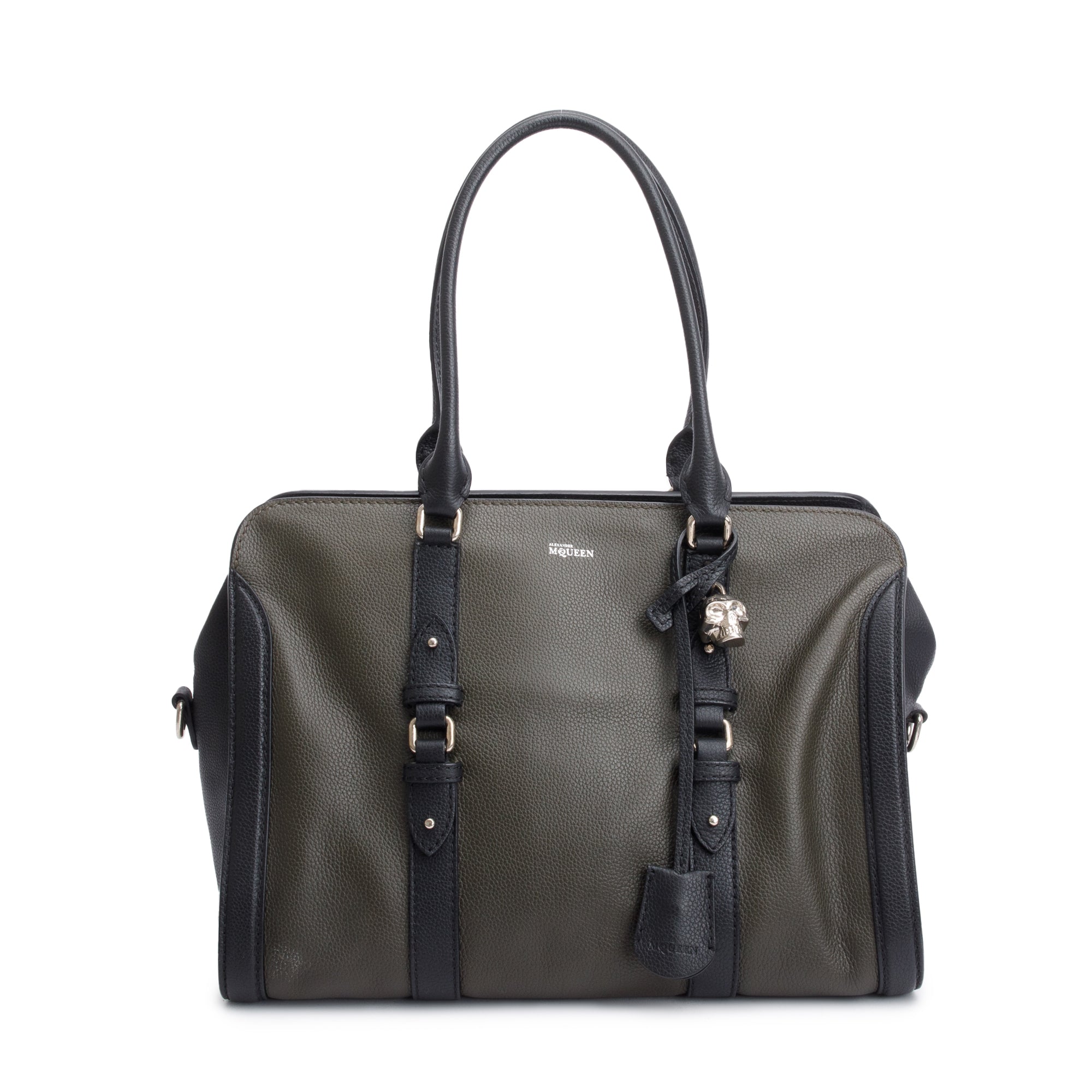 Alexander McQueen Black Calfskin Leather Large Padlock Zip Around Tote w/ Strap