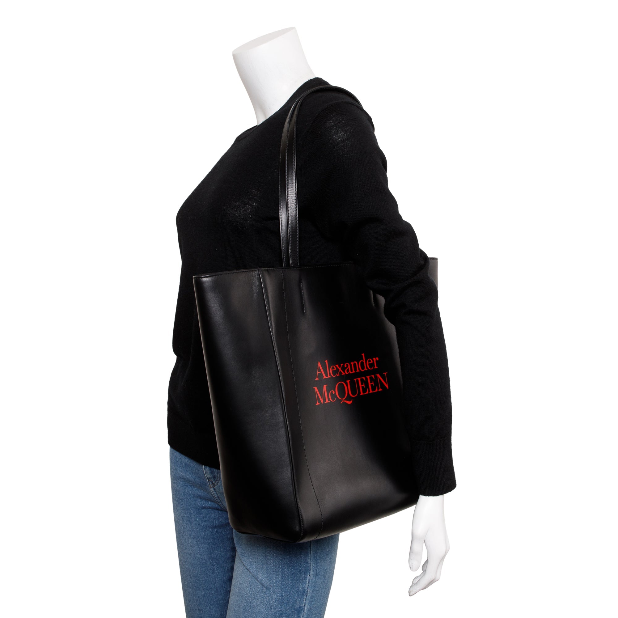 Alexander McQueen Black Calfskin Leather Signature Logo Shopper Tote
