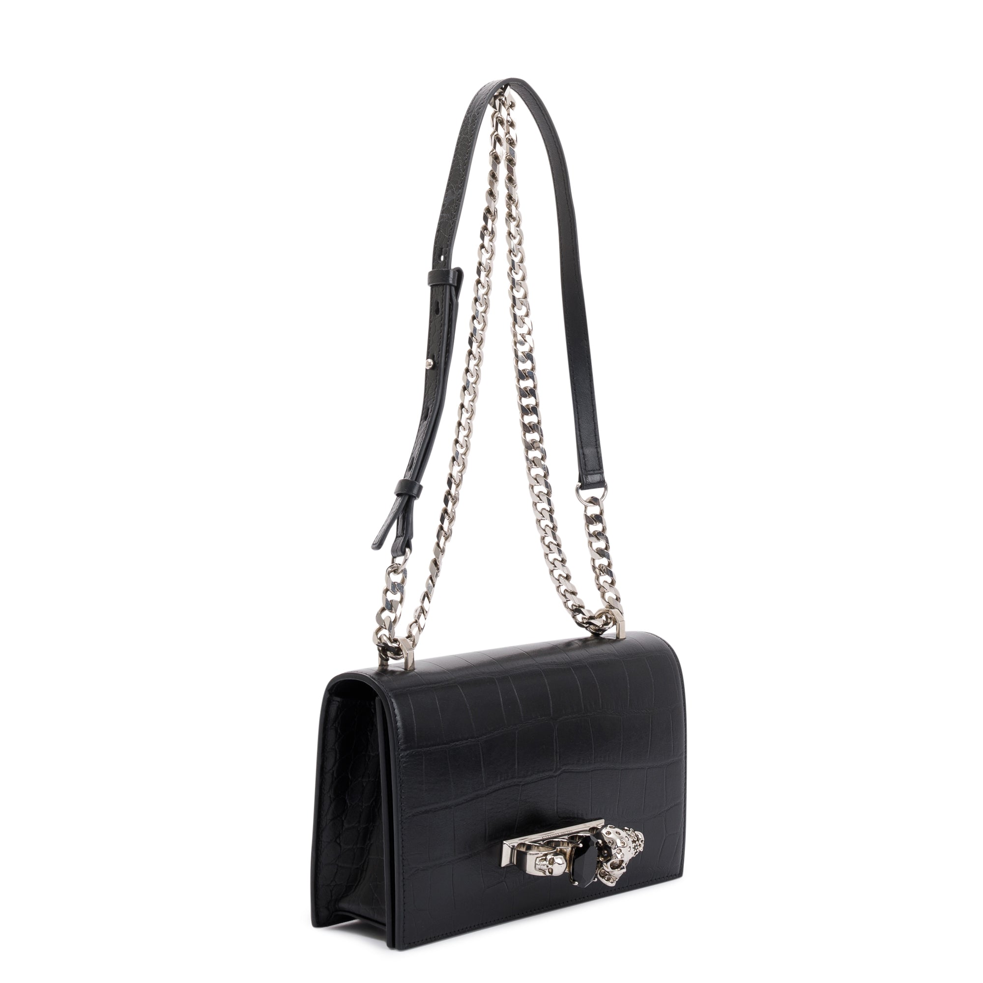 Alexander McQueen Black Croc Embossed Medium Jewelled Satchel