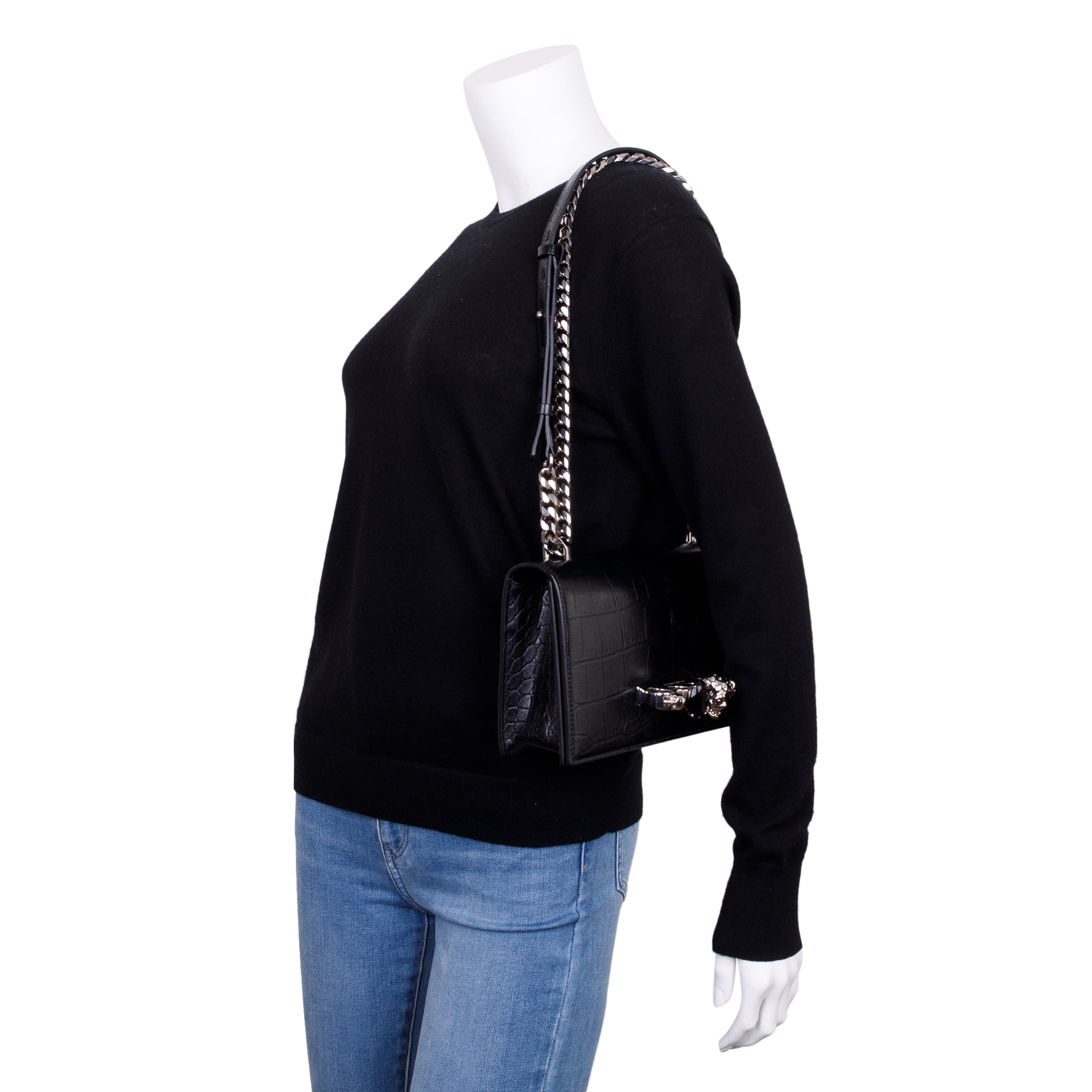 Alexander McQueen Black Croc Embossed Medium Jewelled Satchel