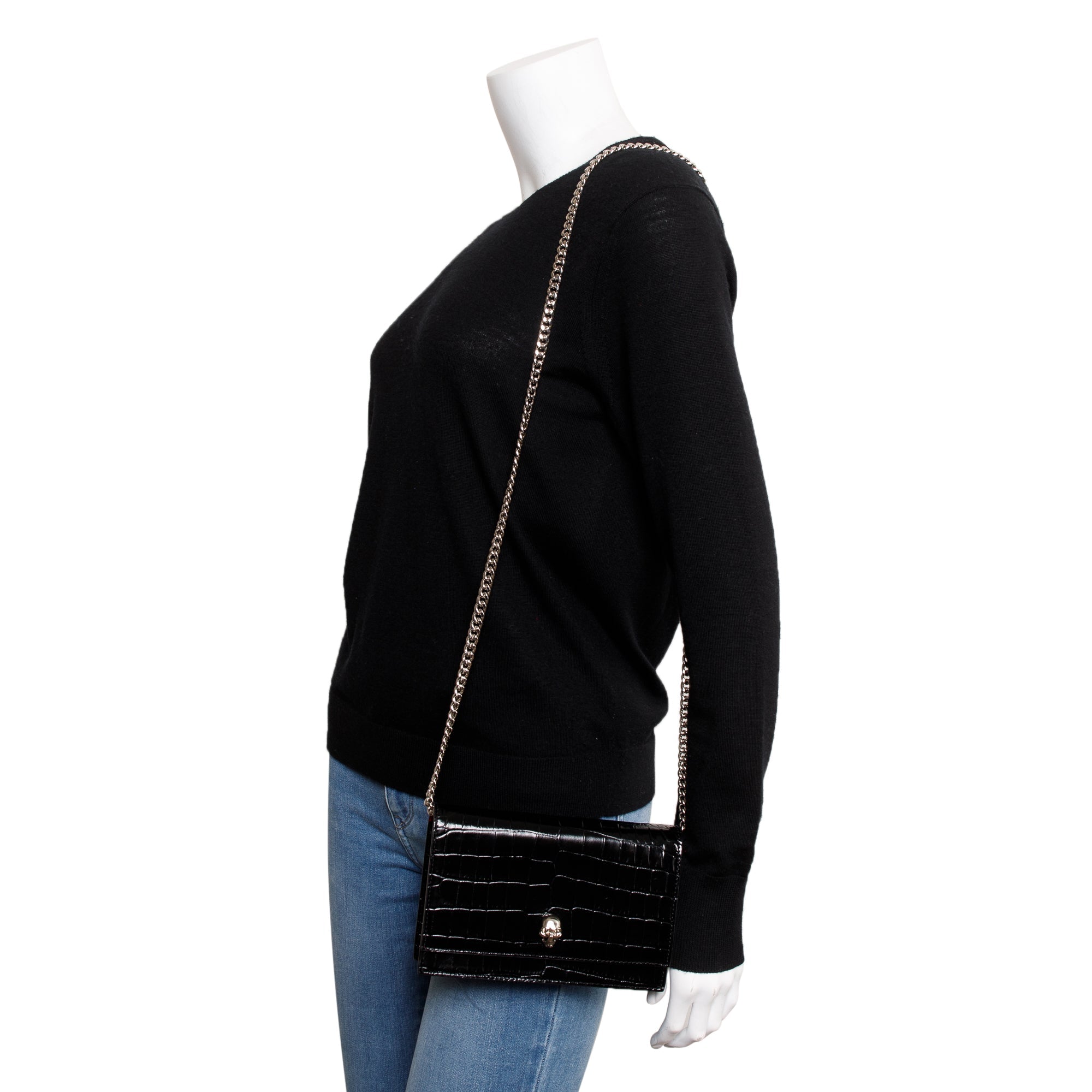 Alexander McQueen Black Croc Embossed Small Skull Chain Bag w/ Box