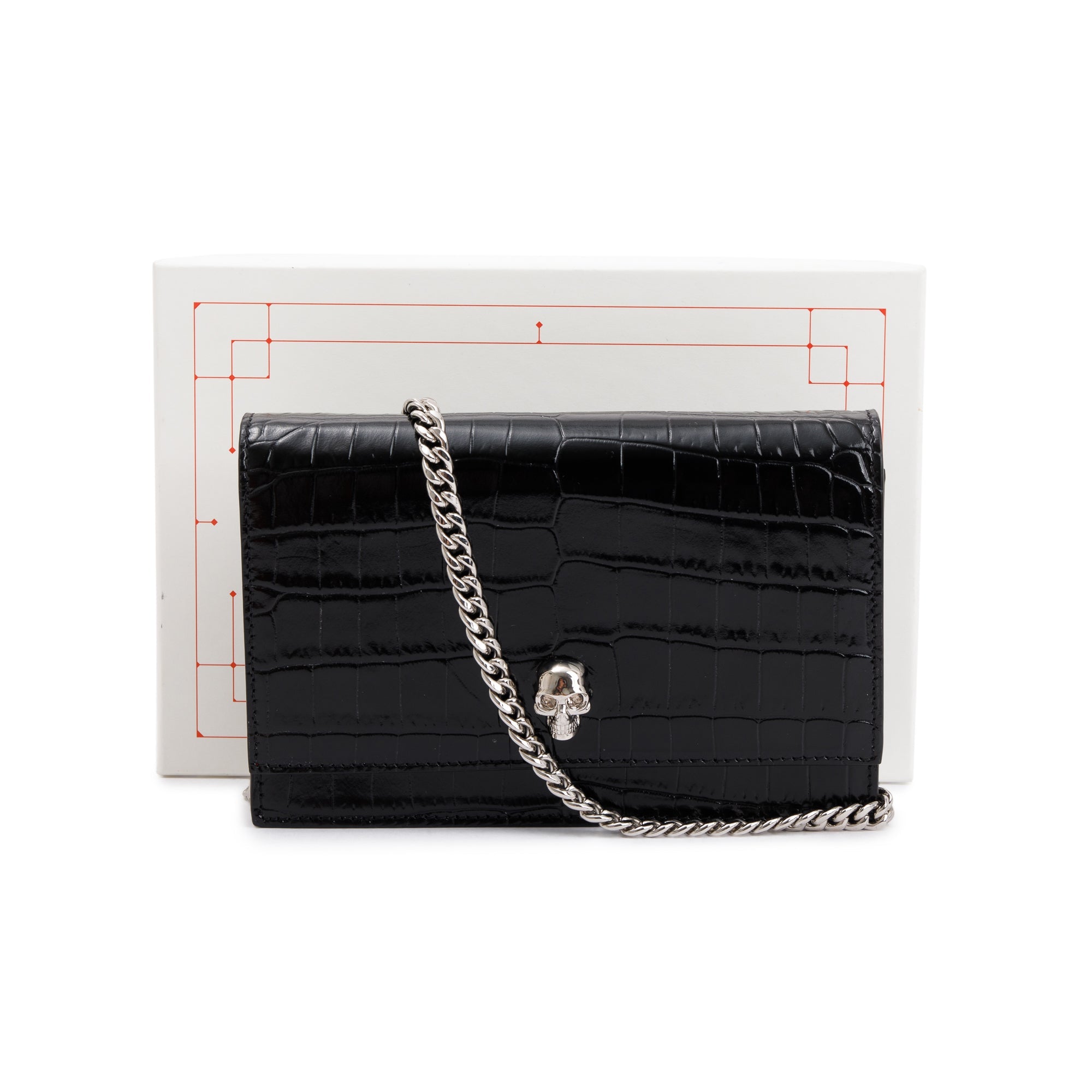 Alexander McQueen Black Croc Embossed Small Skull Chain Bag w/ Box