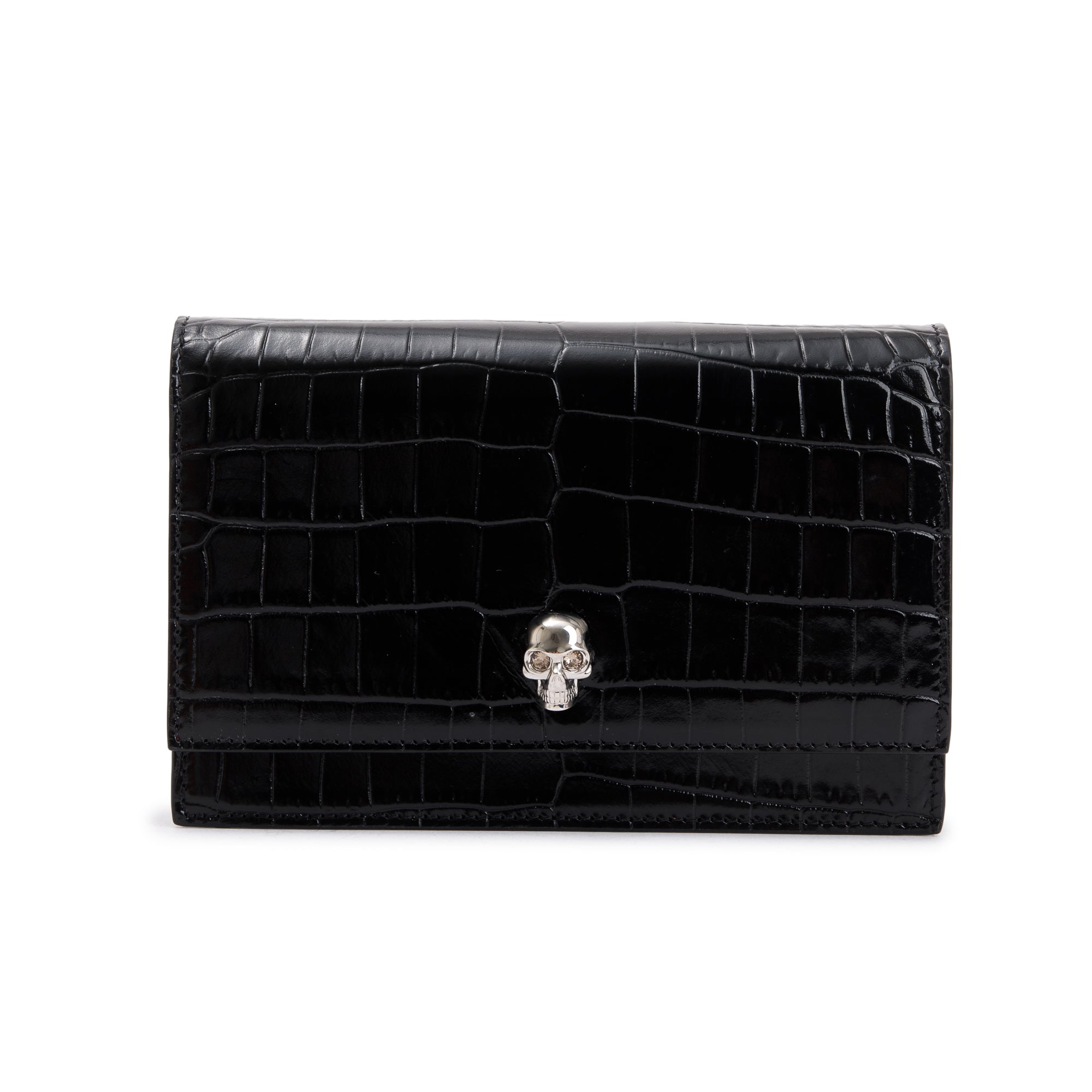 Alexander McQueen Black Croc Embossed Small Skull Chain Bag w/ Box