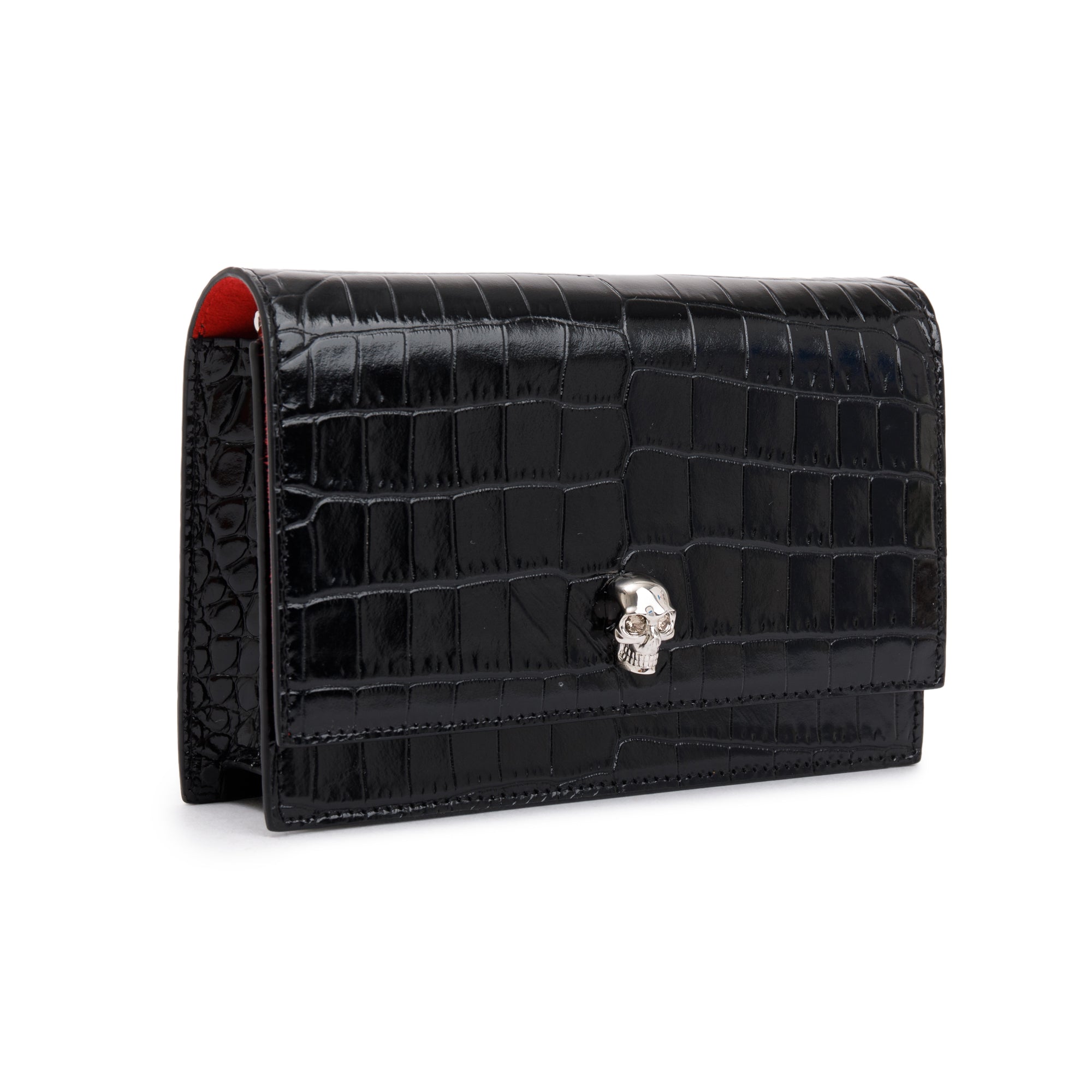 Alexander McQueen Black Croc Embossed Small Skull Chain Bag w/ Box