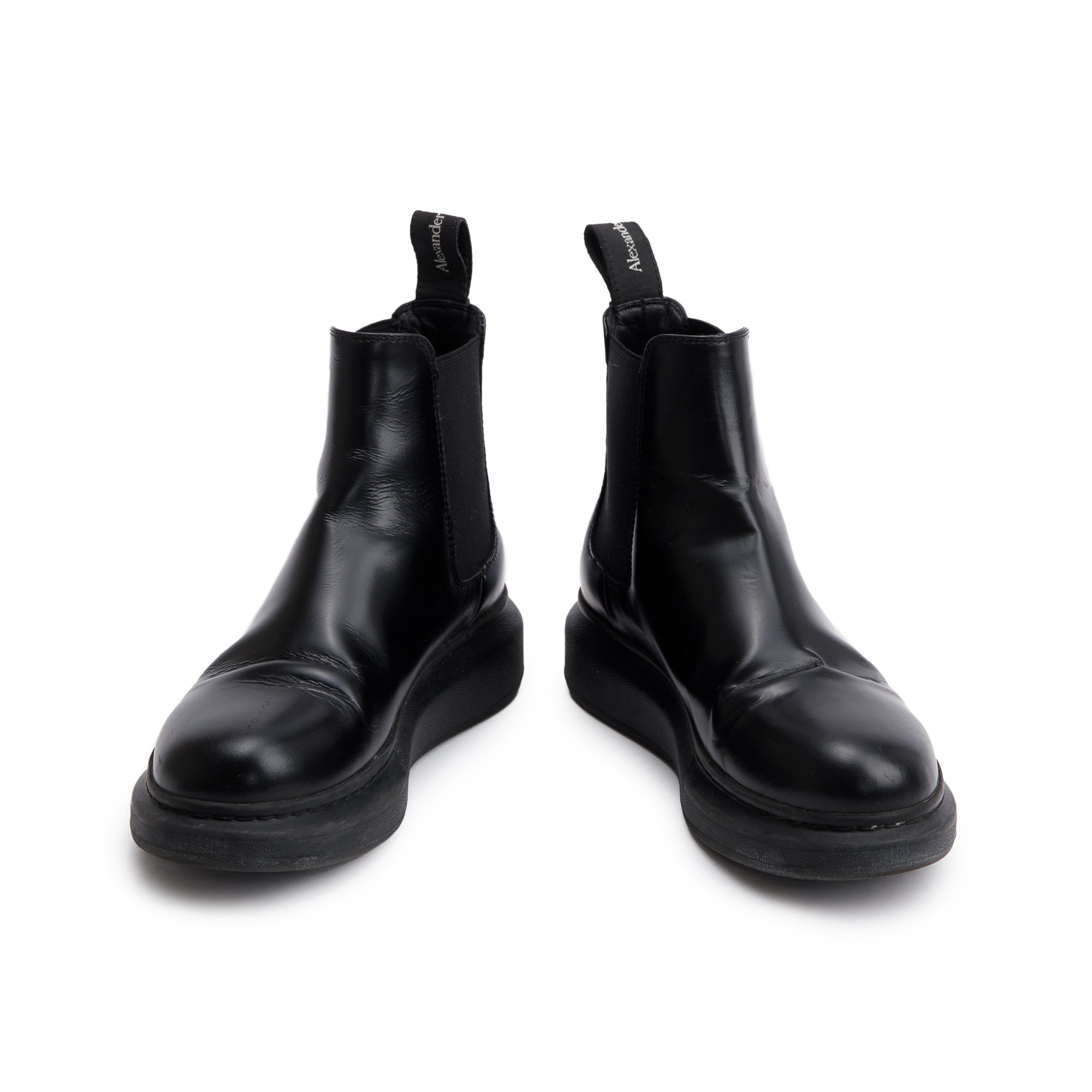 Alexander McQueen Black Shiny Calfskin Leather Chelsea Boots, Size 35