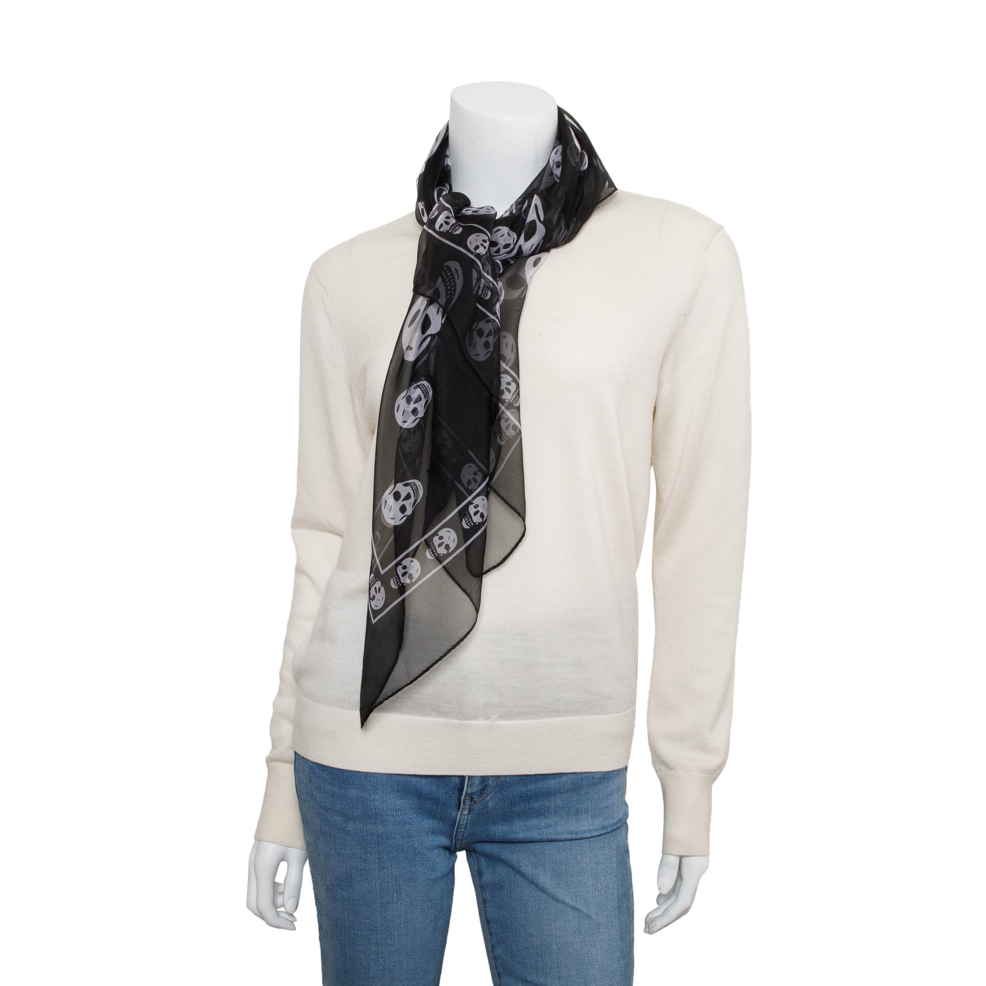 Alexander McQueen Black/White Skull Printed Silk Scarf