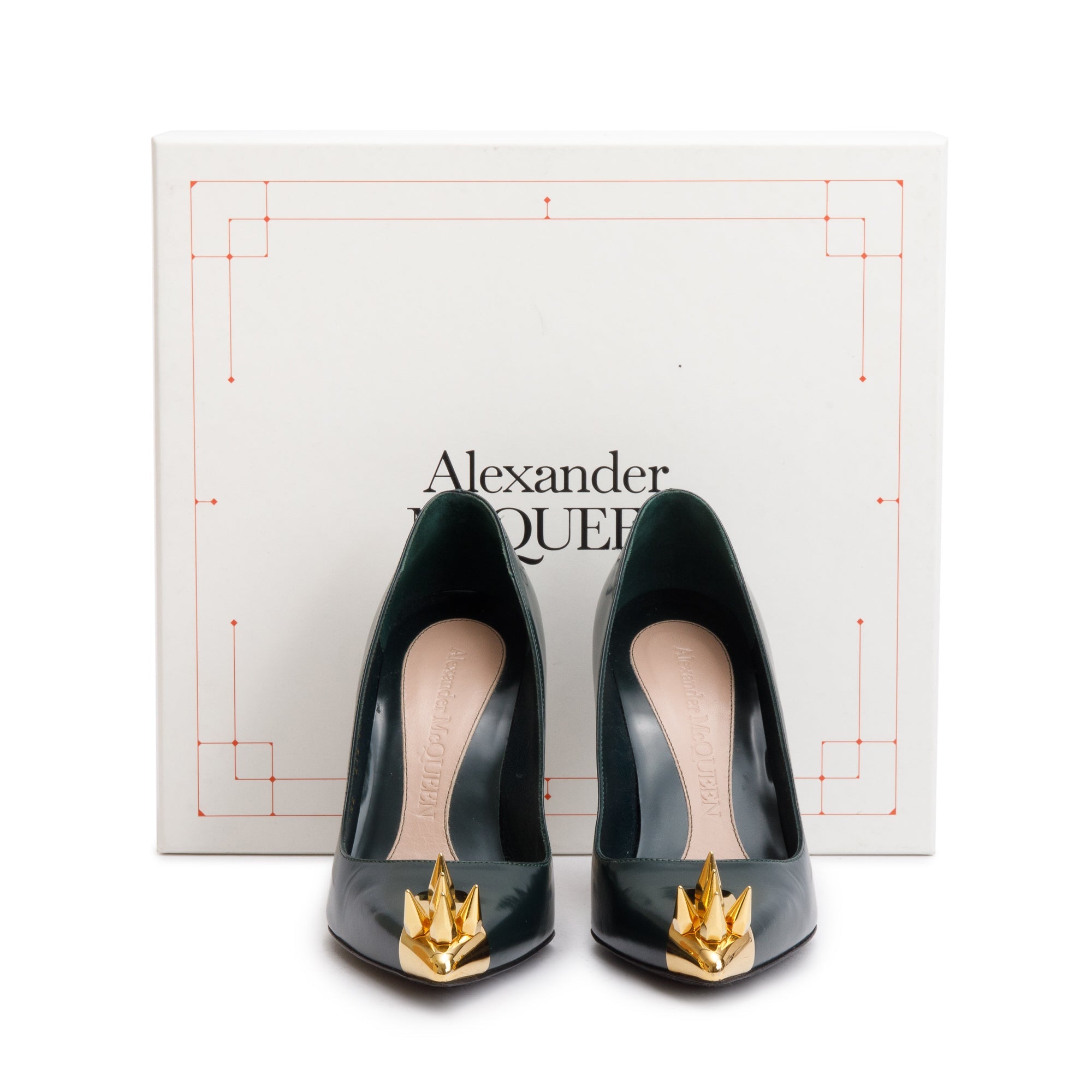 Alexander McQueen Dark Forrest Green Leather Gold Hardware Spiked Toe Pumps, Size 37 w/ Box