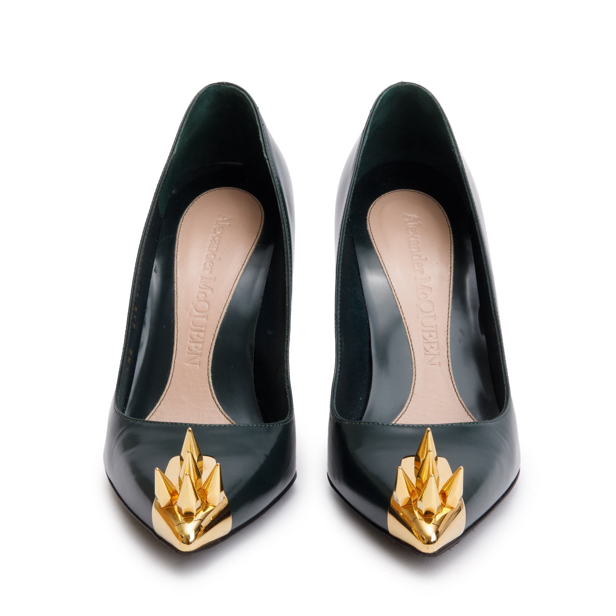 Alexander McQueen Dark Forrest Green Leather Gold Hardware Spiked Toe Pumps, Size 37 w/ Box