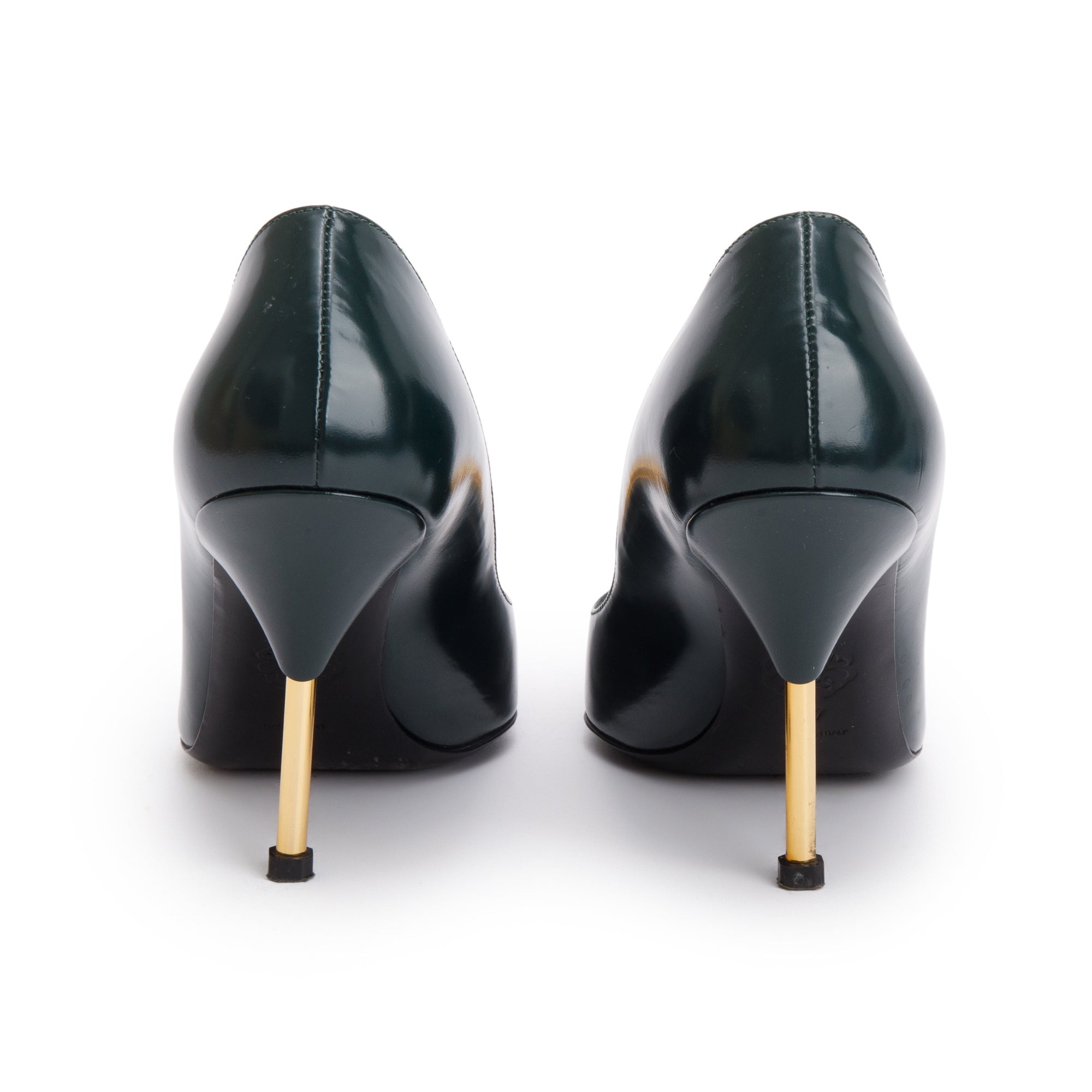 Alexander McQueen Dark Forrest Green Leather Gold Hardware Spiked Toe Pumps, Size 37 w/ Box