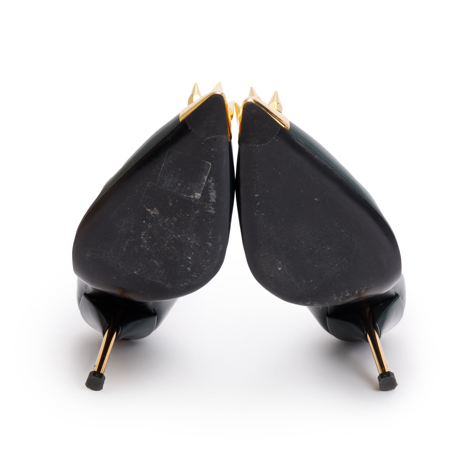 Alexander McQueen Dark Forrest Green Leather Gold Hardware Spiked Toe Pumps, Size 37 w/ Box