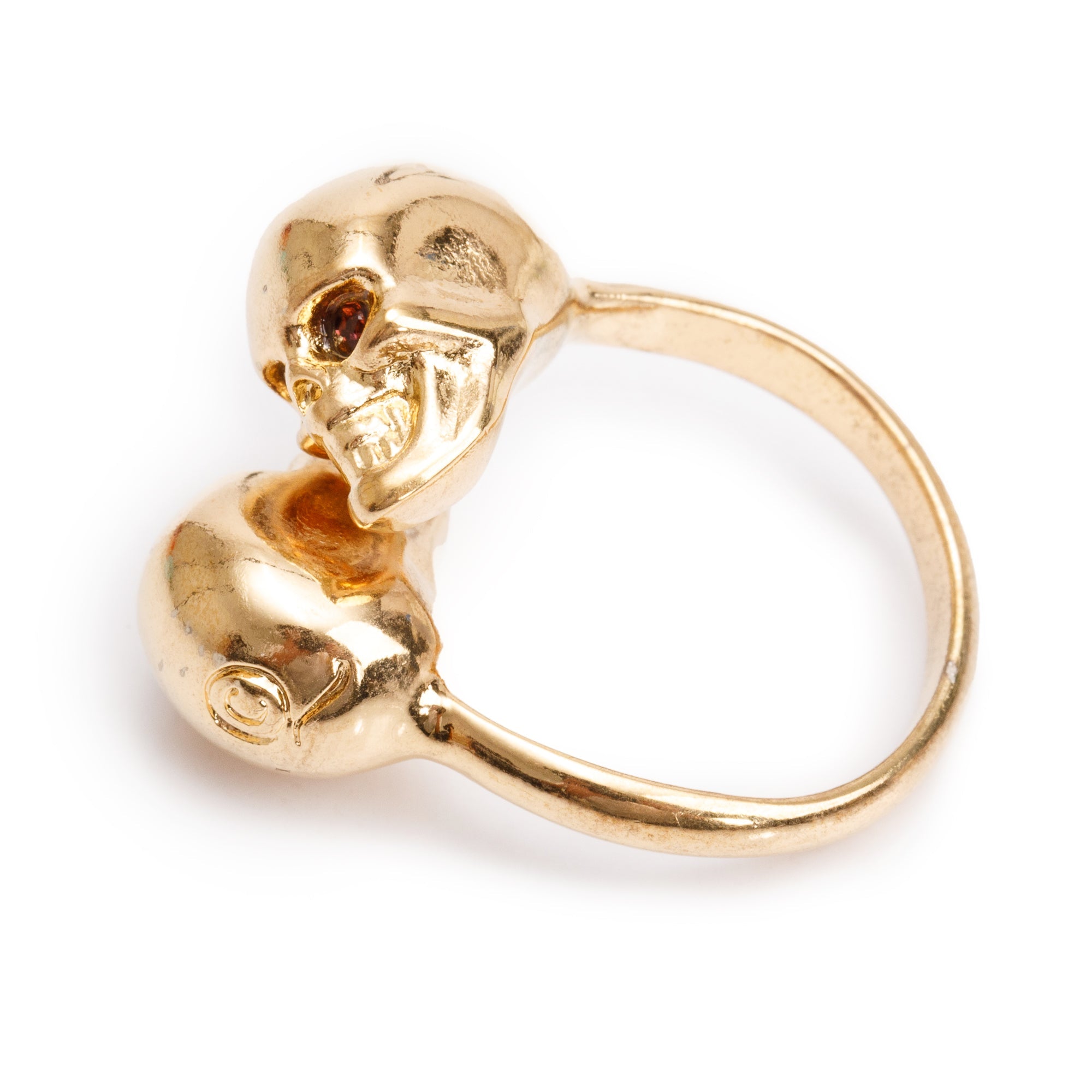 Alexander McQueen Gold Plated Crystal Double Skull Ring, Size 4.5