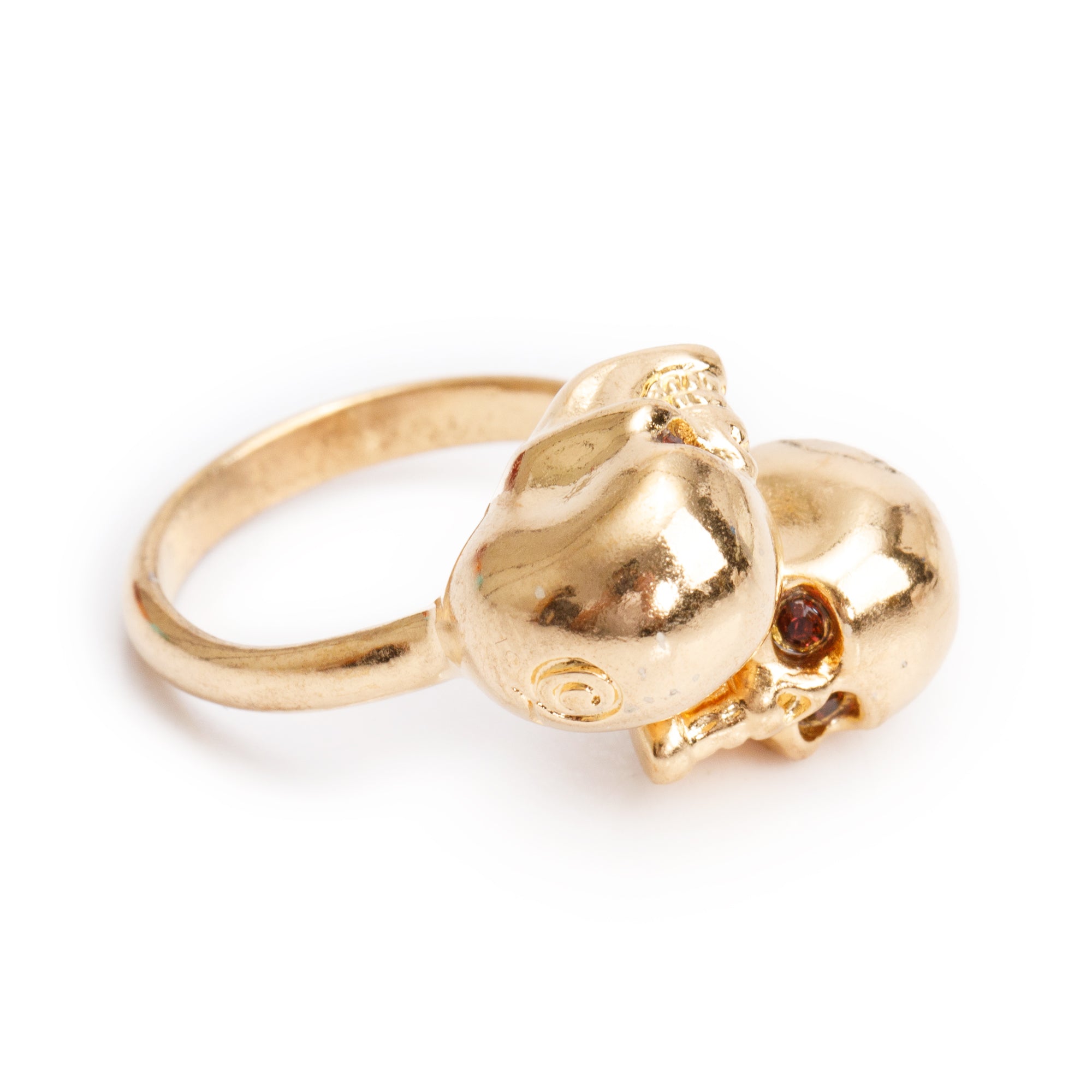 Alexander McQueen Gold Plated Crystal Double Skull Ring, Size 4.5