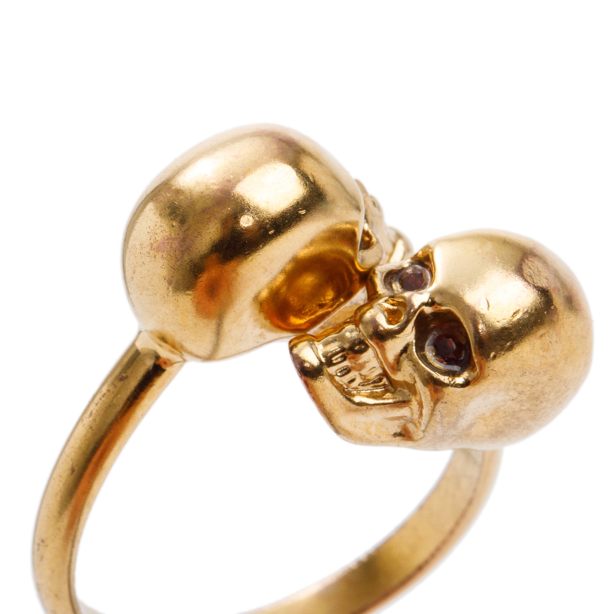 Alexander McQueen Gold Plated Crystal Double Skull Ring, Size 7