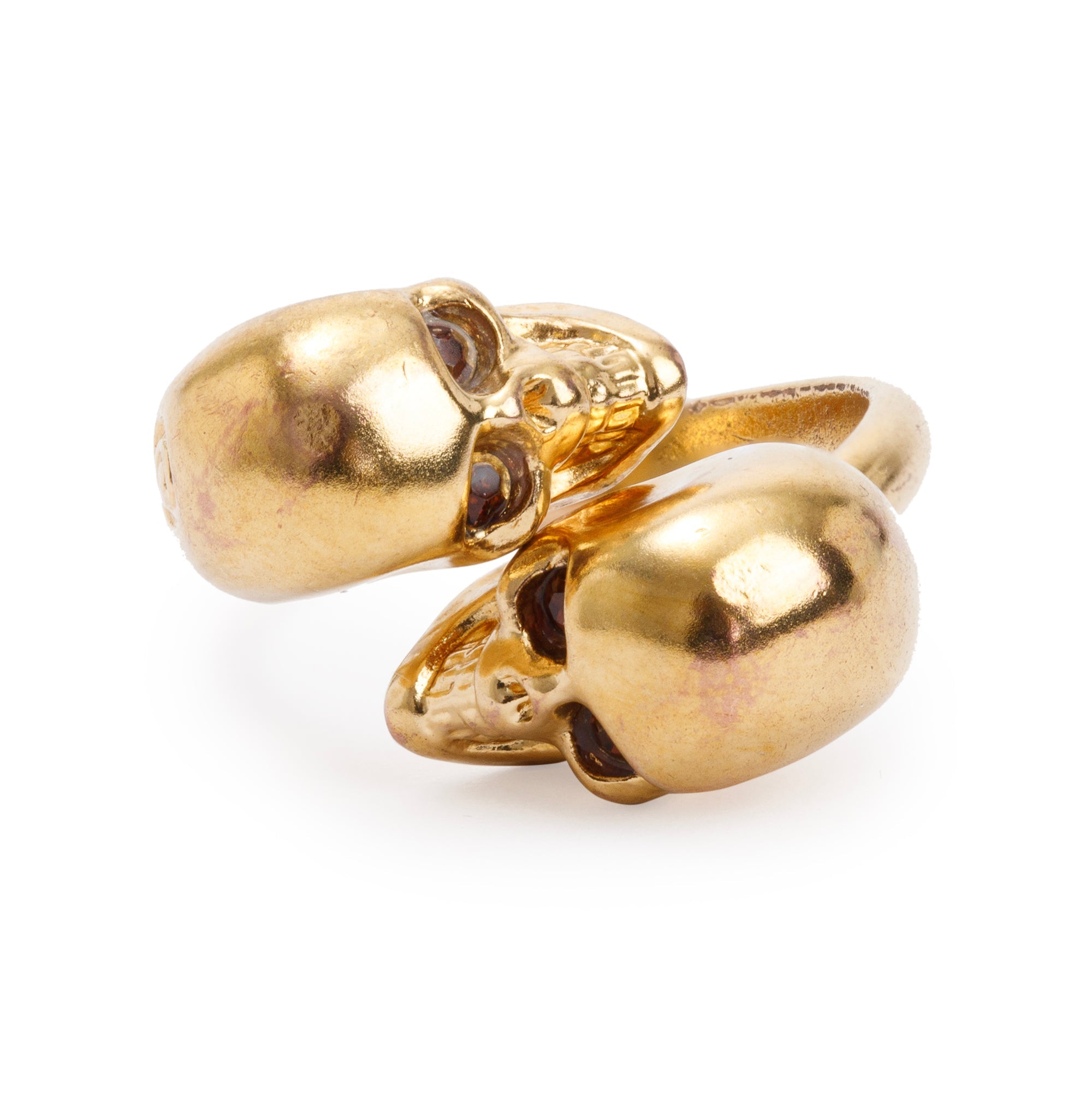 Alexander McQueen Gold Plated Crystal Double Skull Ring, Size 7
