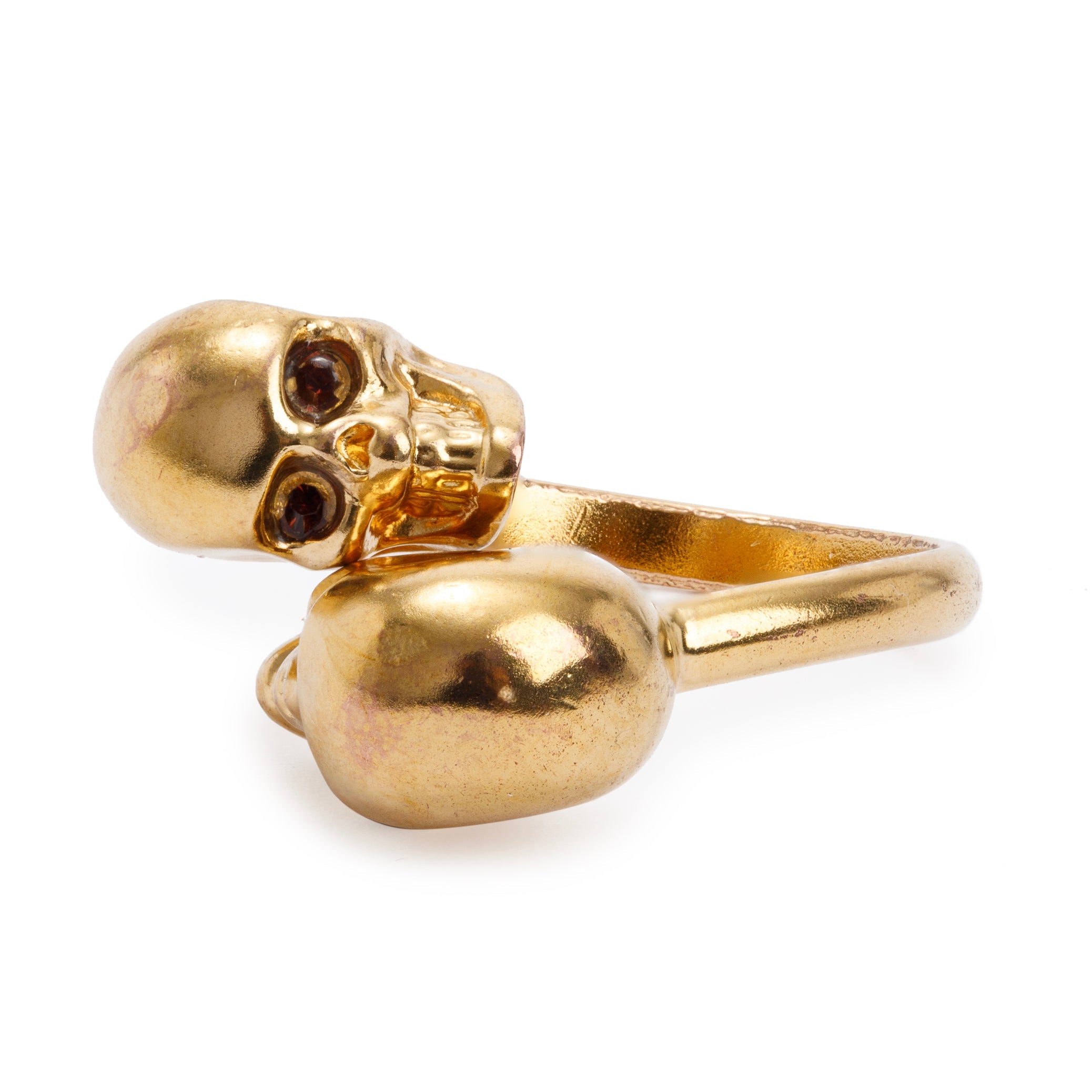 Alexander McQueen Gold Plated Crystal Double Skull Ring, Size 7