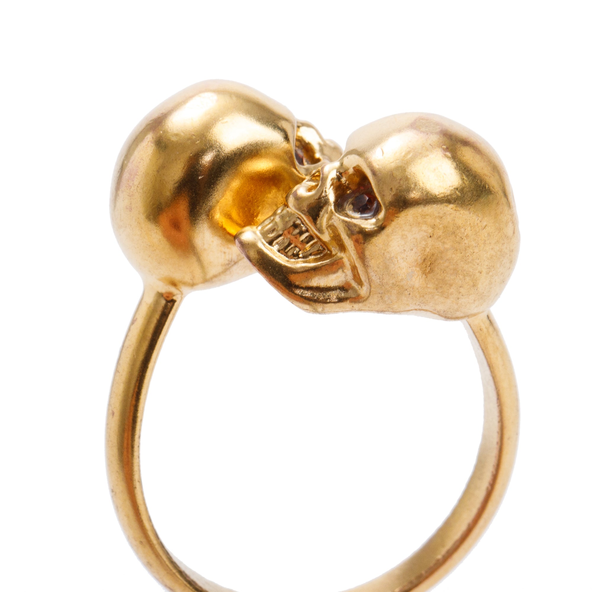 Alexander McQueen Gold Plated Crystal Double Skull Ring, Size 7