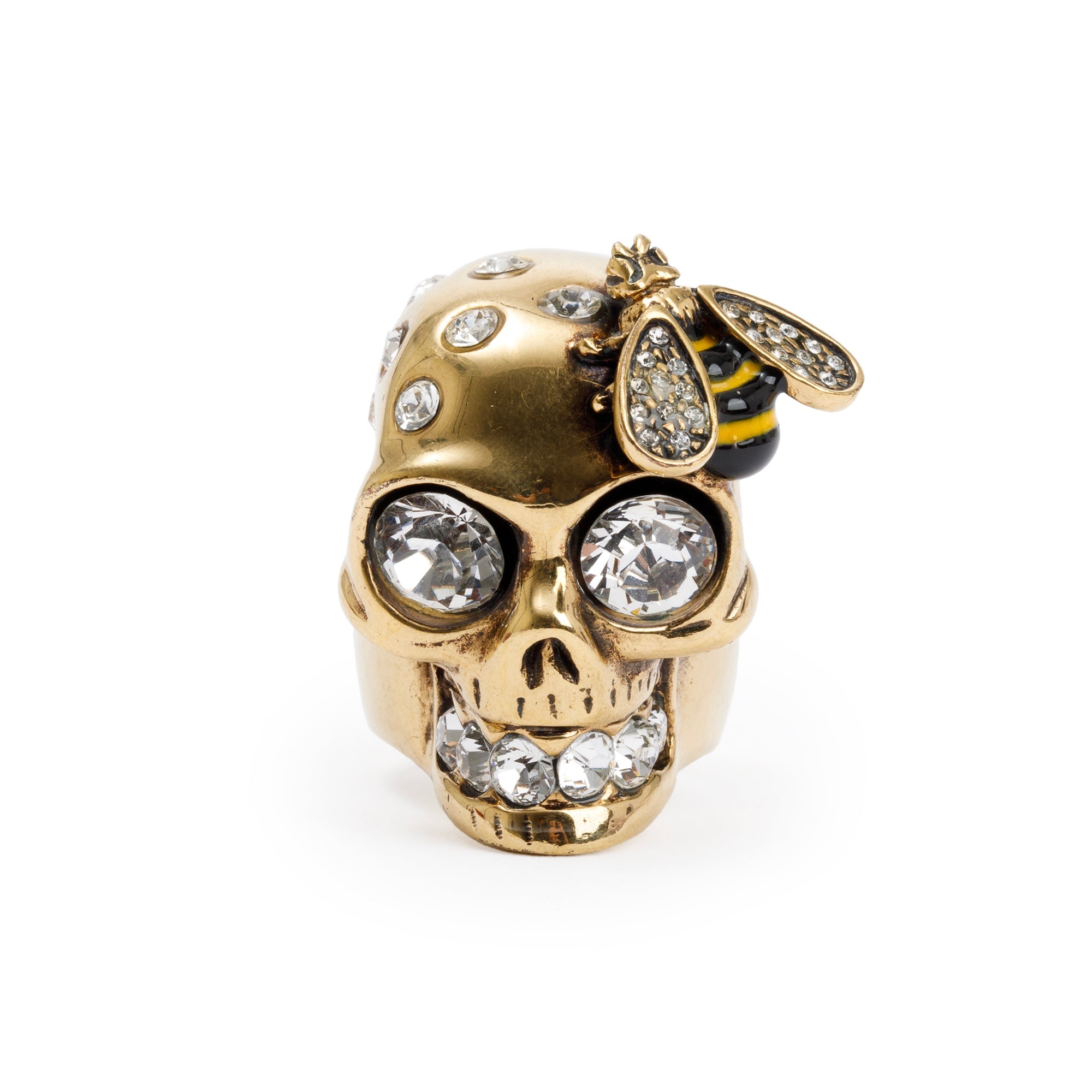 Alexander McQueen Gold Plated Crystal & Enamel Skull & Bee Cocktail Ring, Size 7