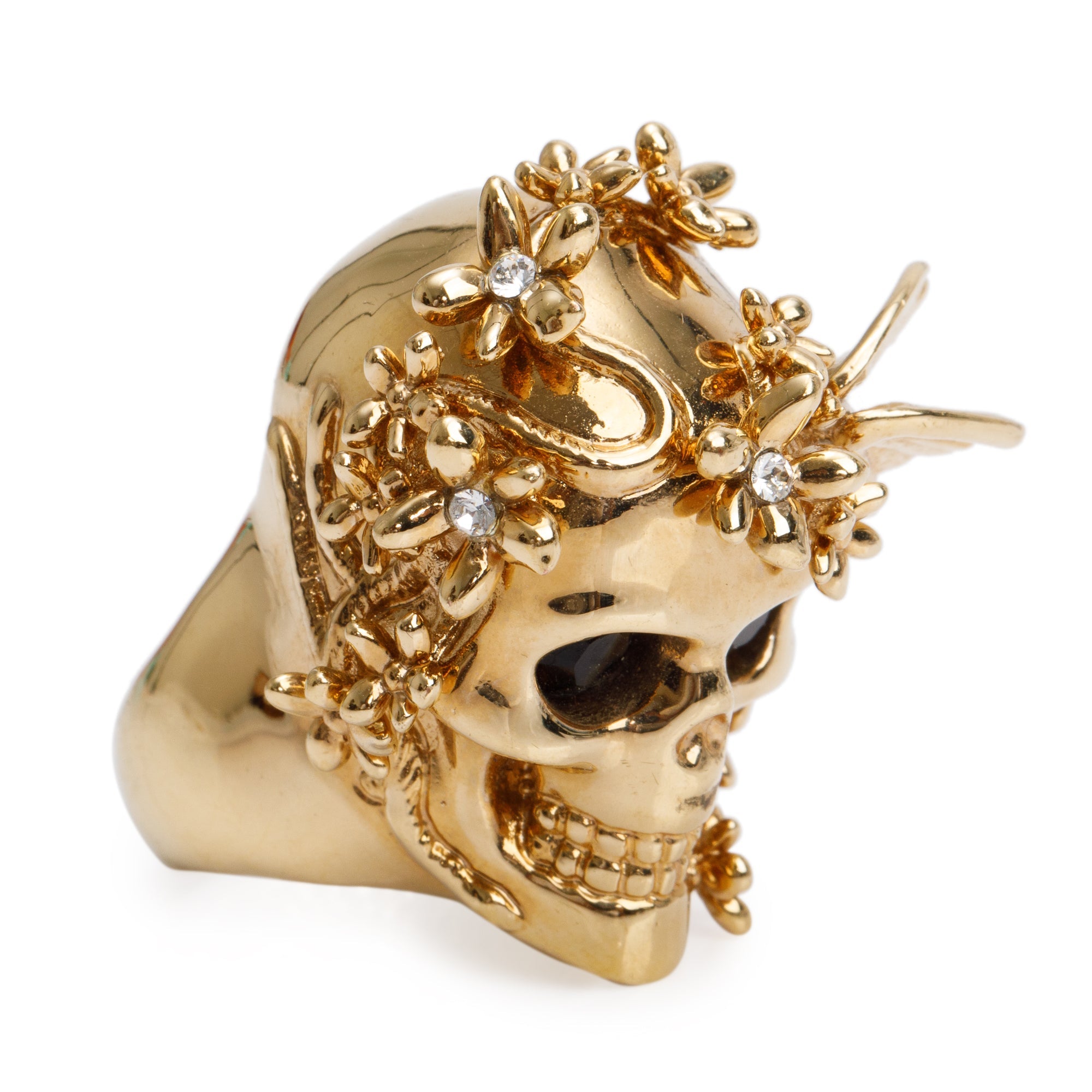Alexander McQueen Gold Plated Crystal Skull & Flower Cocktail Ring, Size 5.25