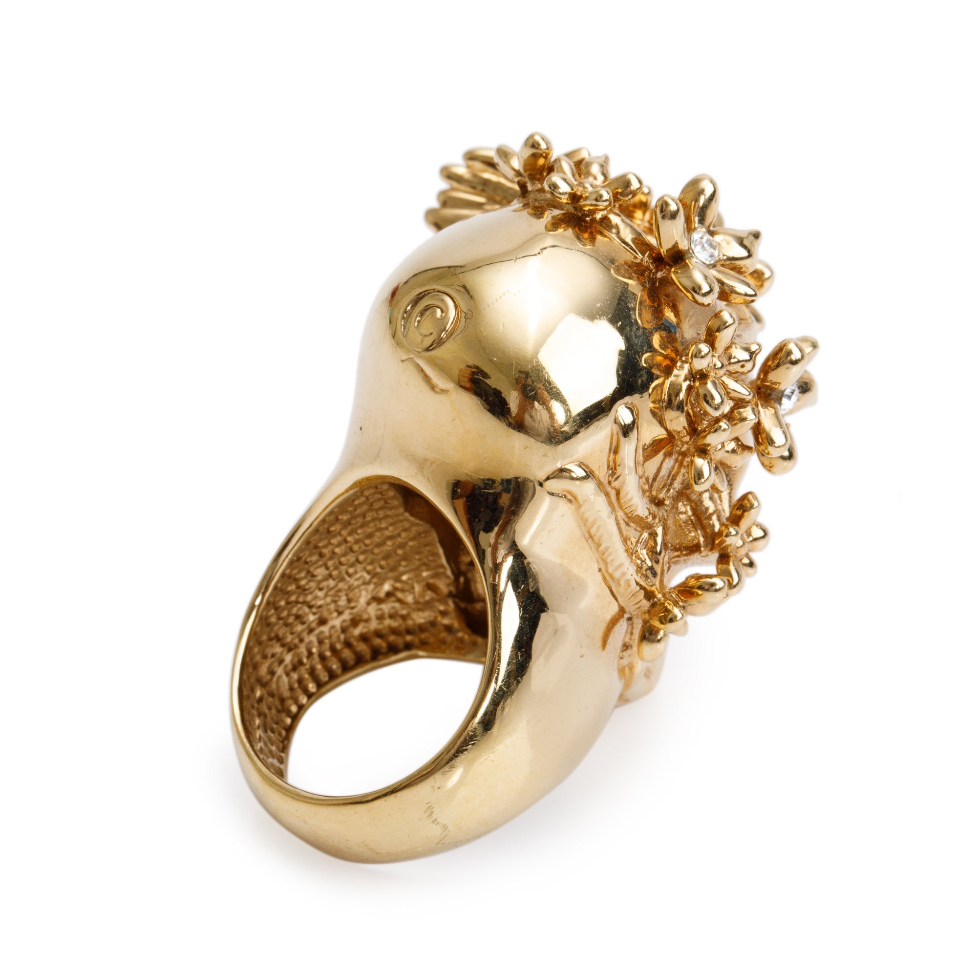 Alexander McQueen Gold Plated Crystal Skull & Flower Cocktail Ring, Size 5.25