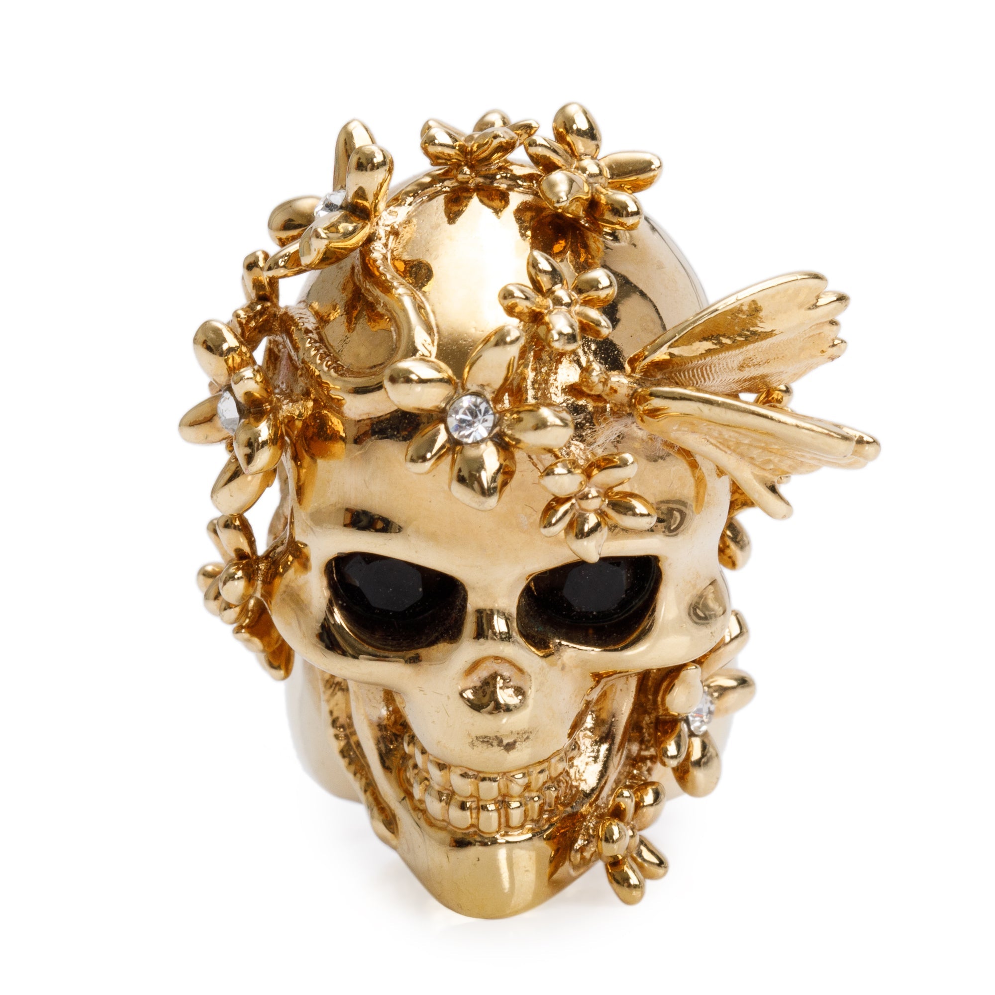Alexander McQueen Gold Plated Crystal Skull & Flower Cocktail Ring, Size 5.25