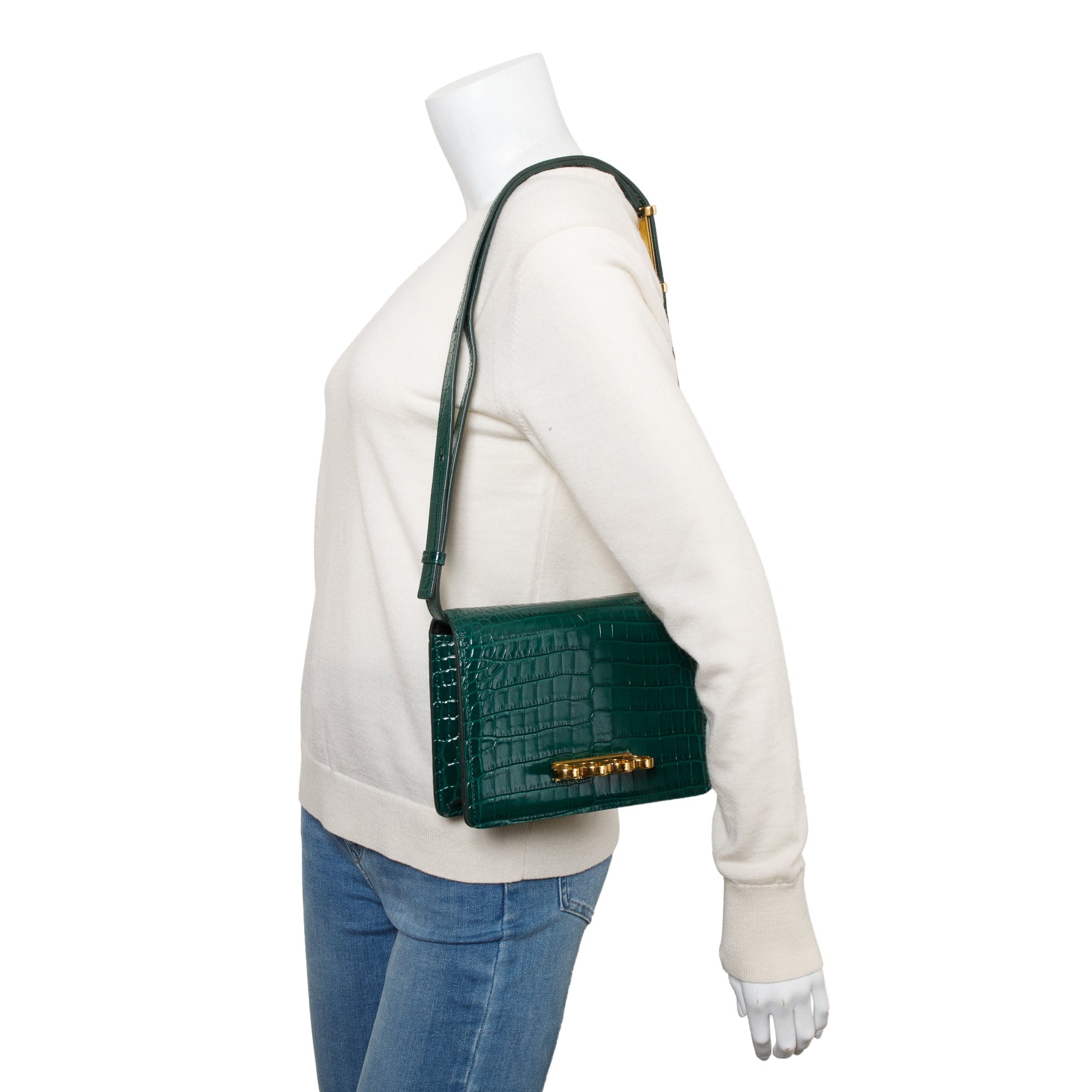 Alexander McQueen Green Croc-Embossed Calfskin Leather Four Ring Crossbody Bag
