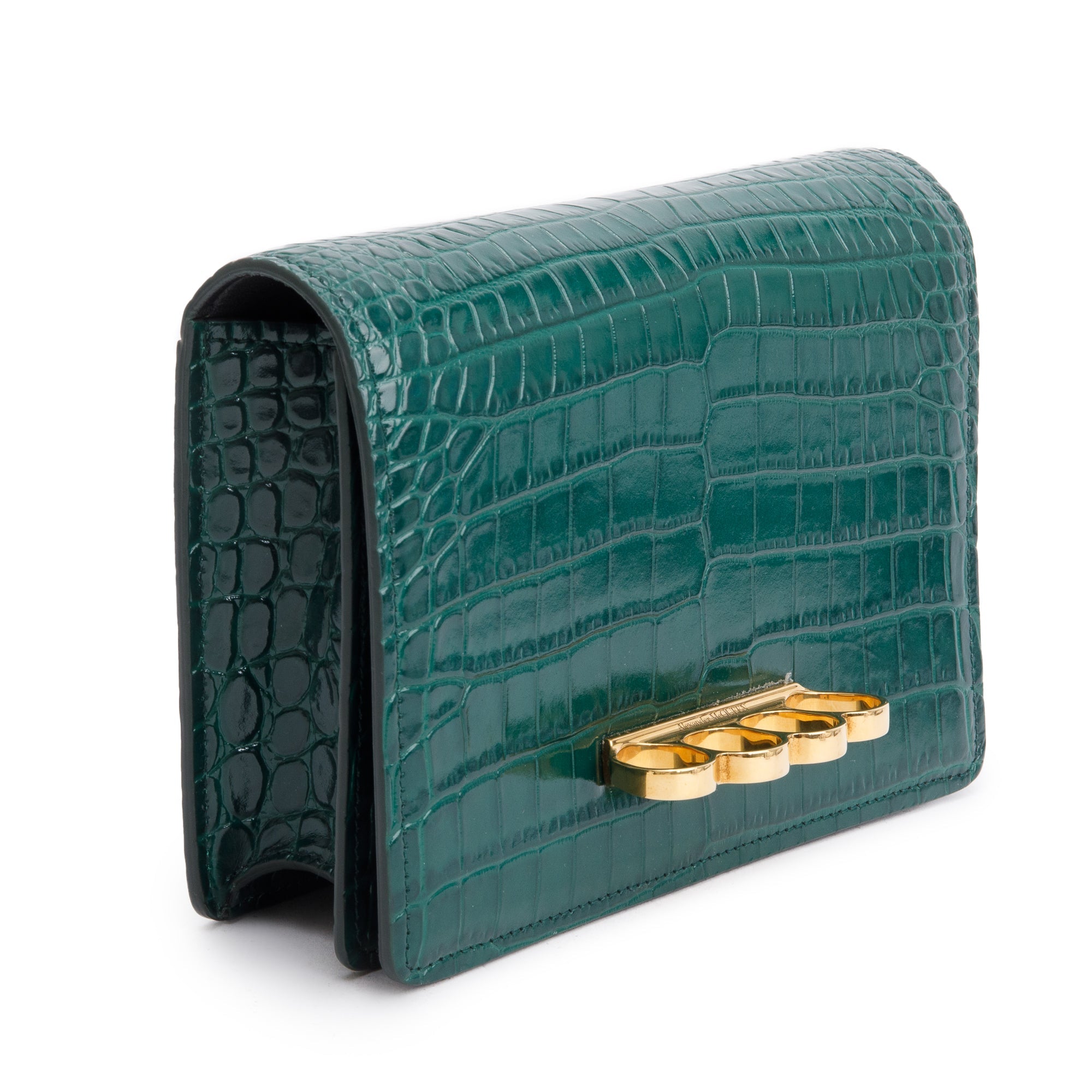 Alexander McQueen Green Croc-Embossed Calfskin Leather Four Ring Crossbody Bag