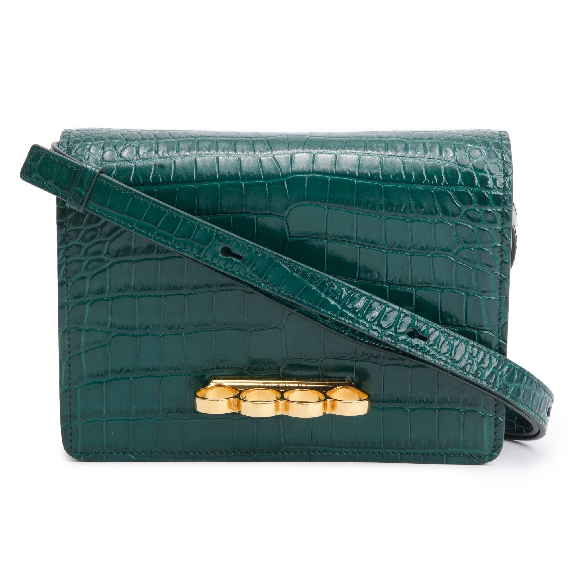 Alexander McQueen Green Croc-Embossed Calfskin Leather Four Ring Crossbody Bag