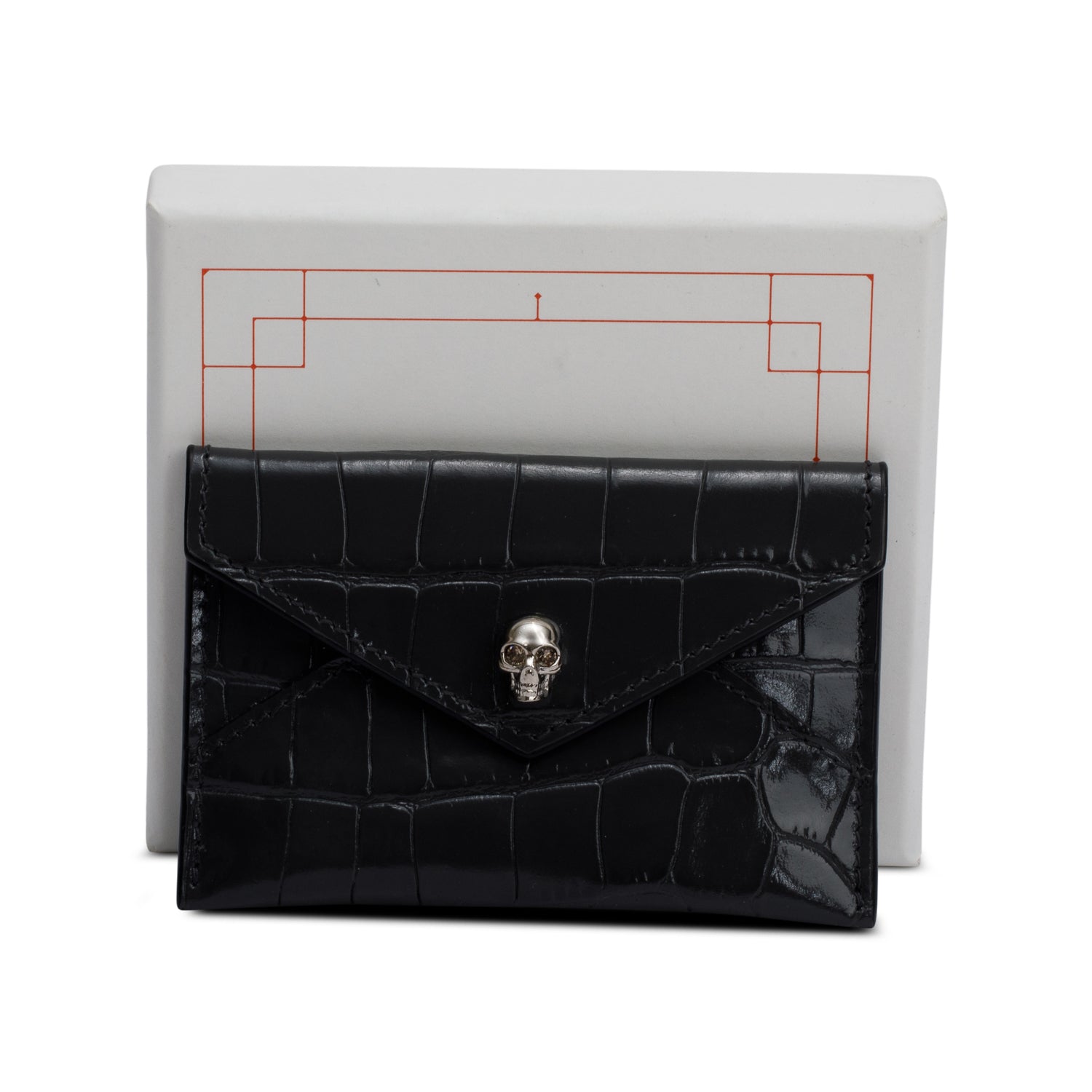 Alexander McQueen Grey Croc Embossed Leather Skull Envelope Card Holder w/ Box