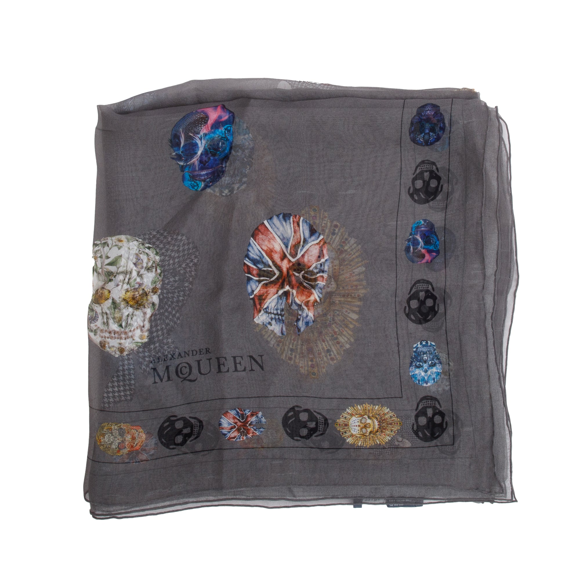 Alexander McQueen Grey Multicolour Skull Printed Silk Scarf