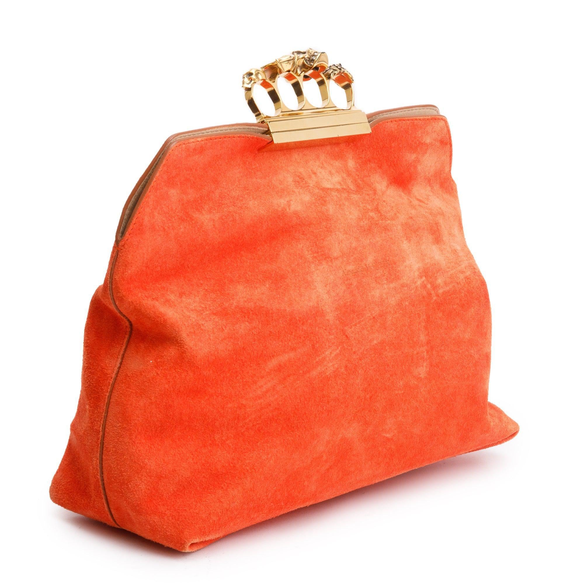 Alexander McQueen Orange Suede Skull Four Ring Soft Clutch