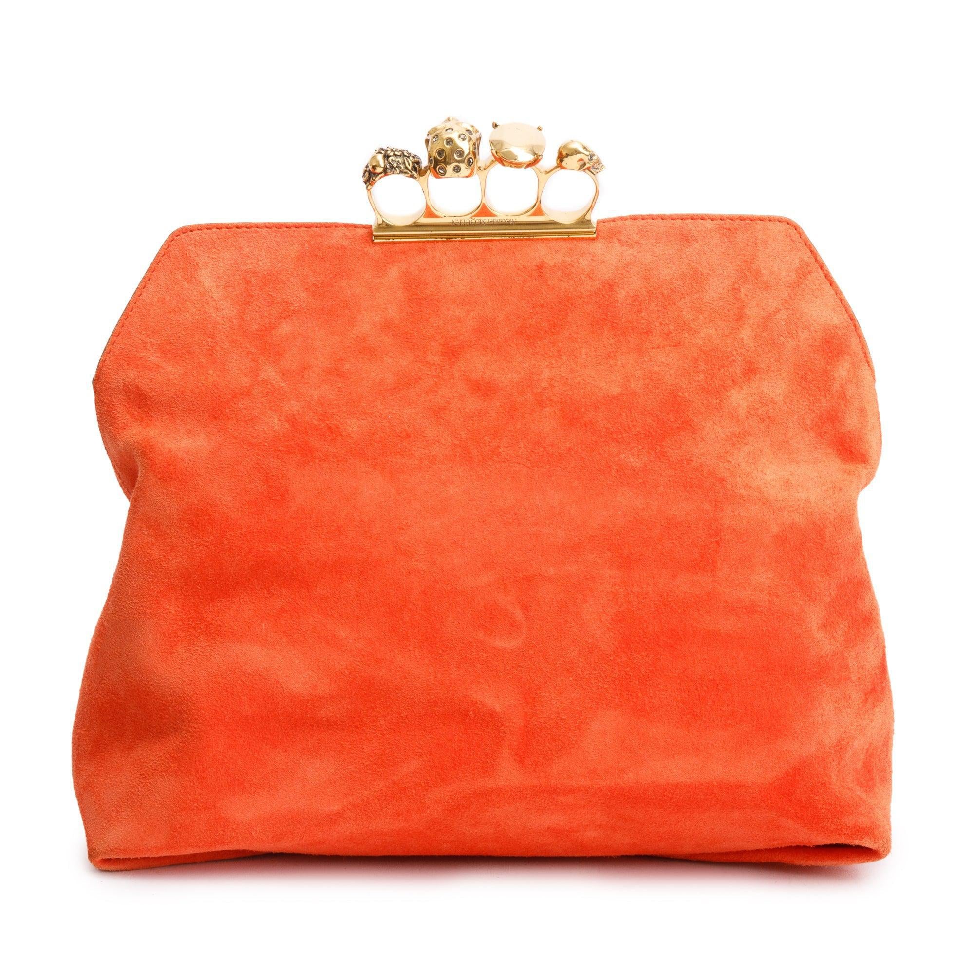 Alexander McQueen Orange Suede Skull Four Ring Soft Clutch