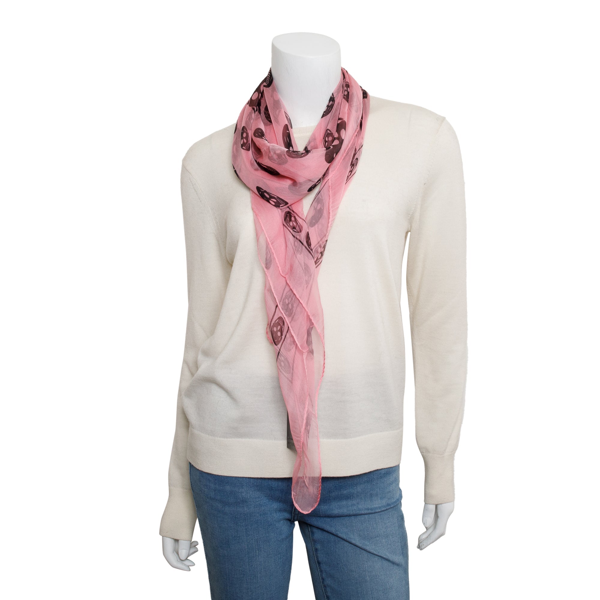 Alexander McQueen Pink/Black Skull Printed Silk Scarf