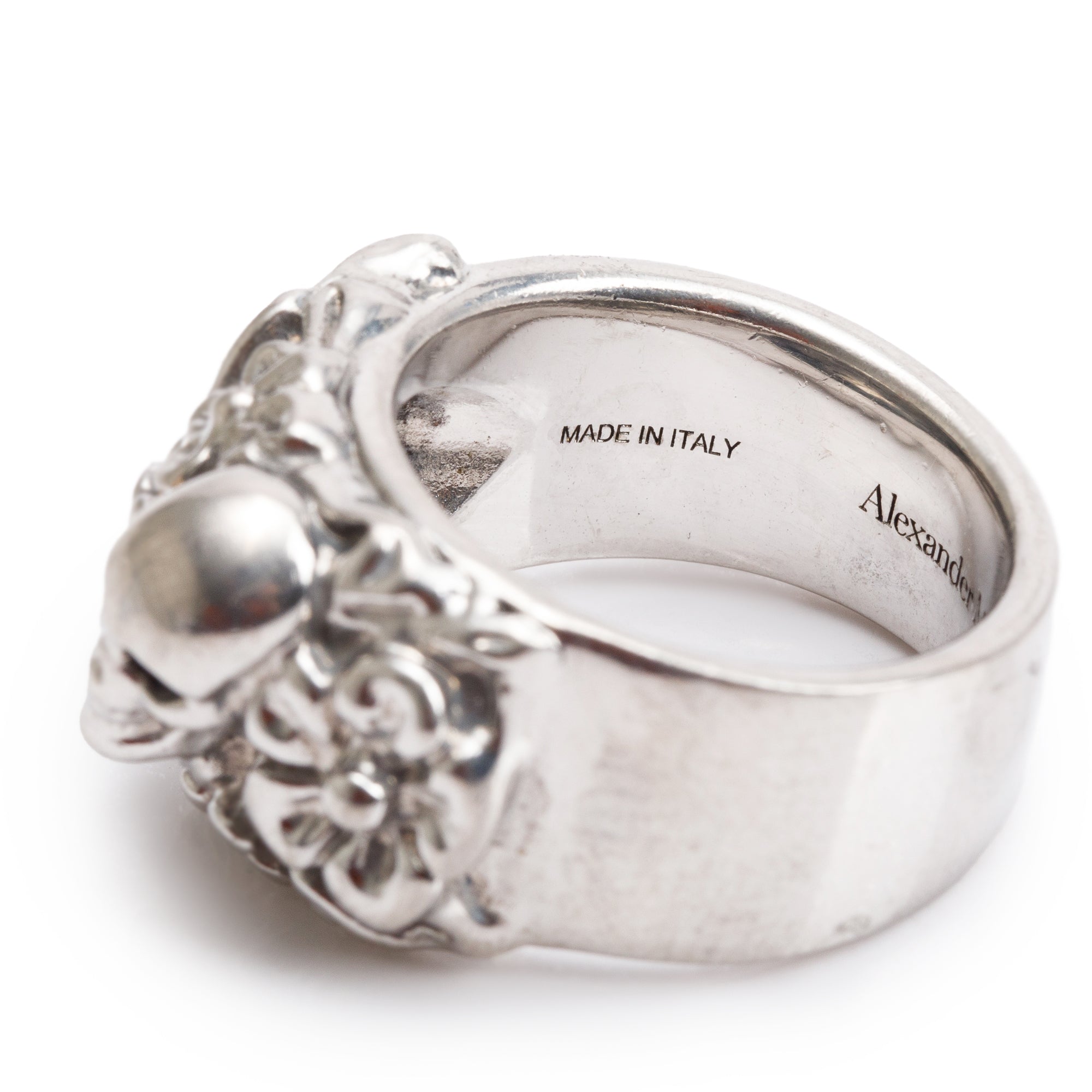 Alexander McQueen Silver Plated Floral Skull Ring, Size 19 9