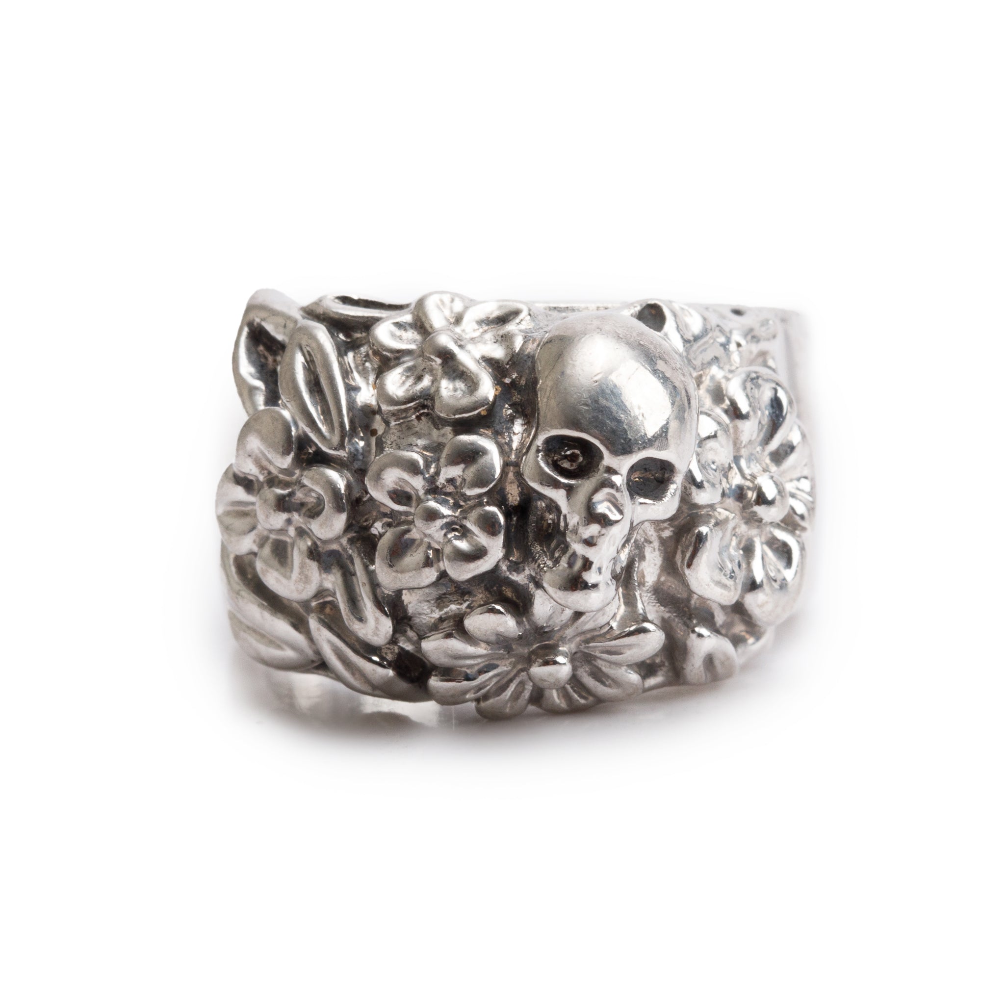 Alexander McQueen Silver Plated Floral Skull Ring, Size 19 9