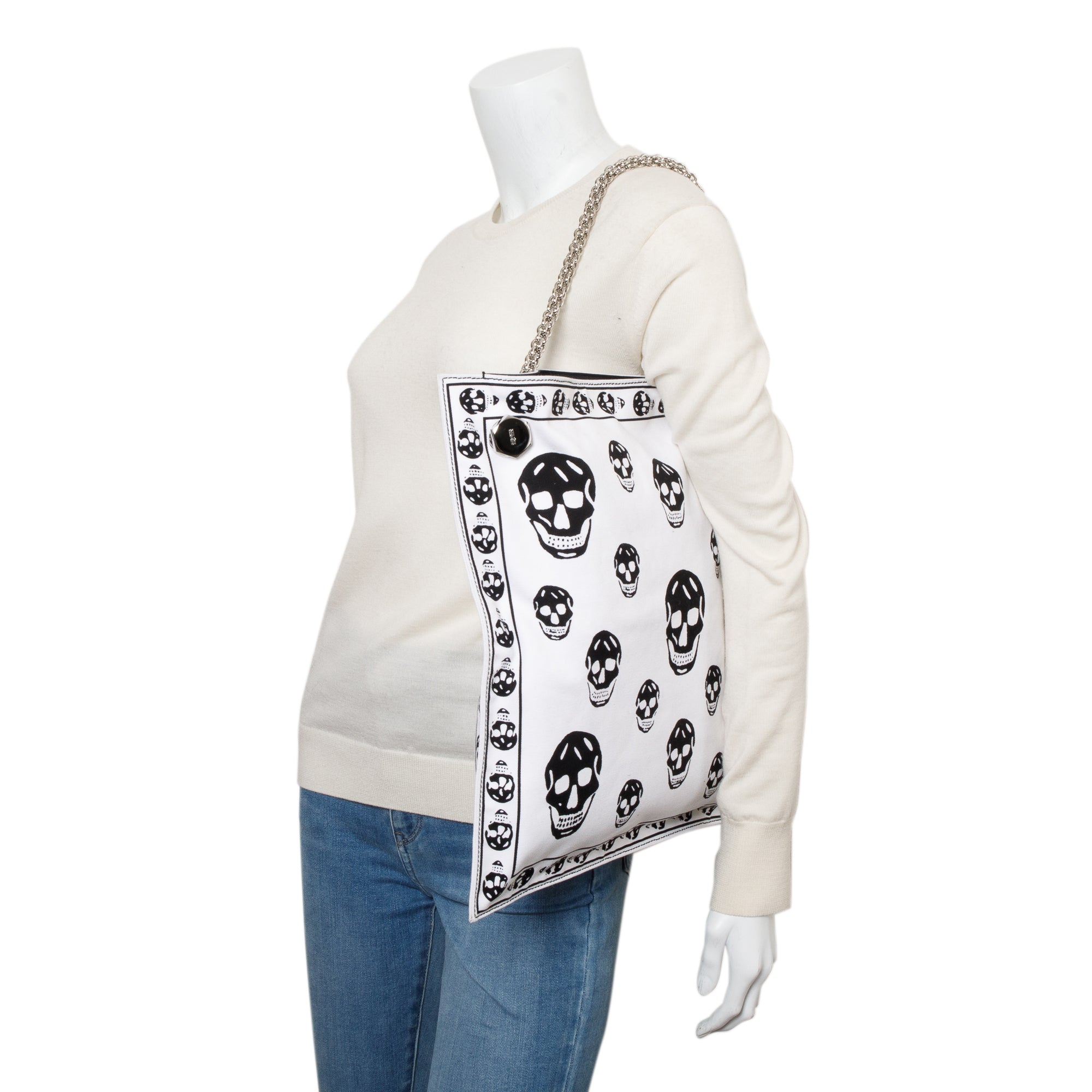 Alexander McQueen White Black Canvas Skull Tote