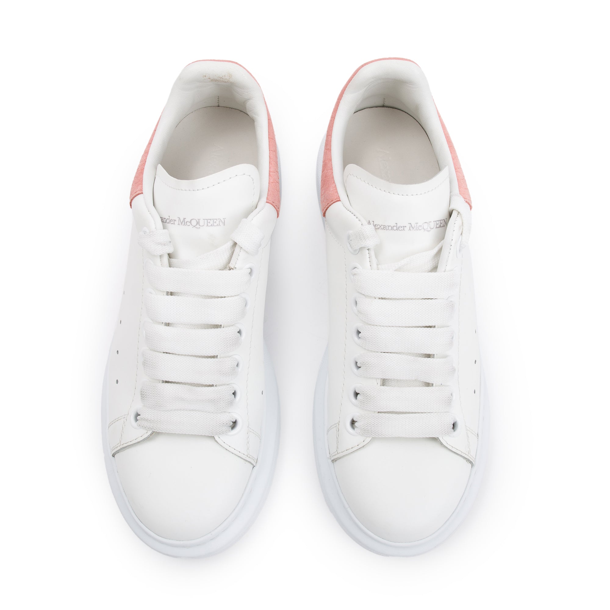 Alexander McQueen White Calfskin Leather Pink Croc Embossed Oversized Sneakers, Size 36
