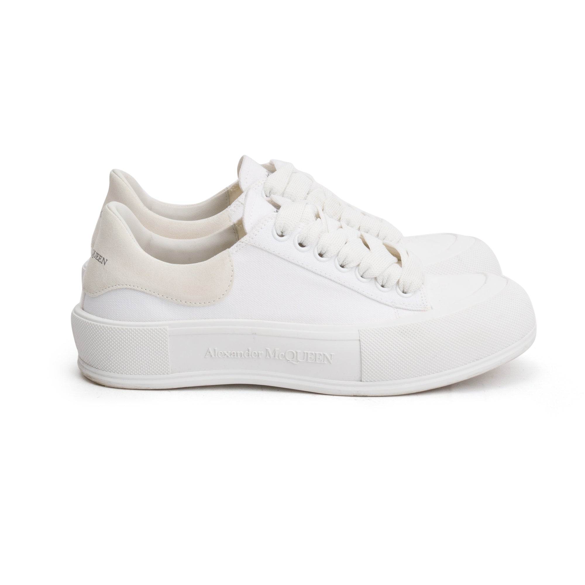 Alexander McQueen White Canvas Suede Deck Plimsoll Sneakers, Size 41.5 w/ Box