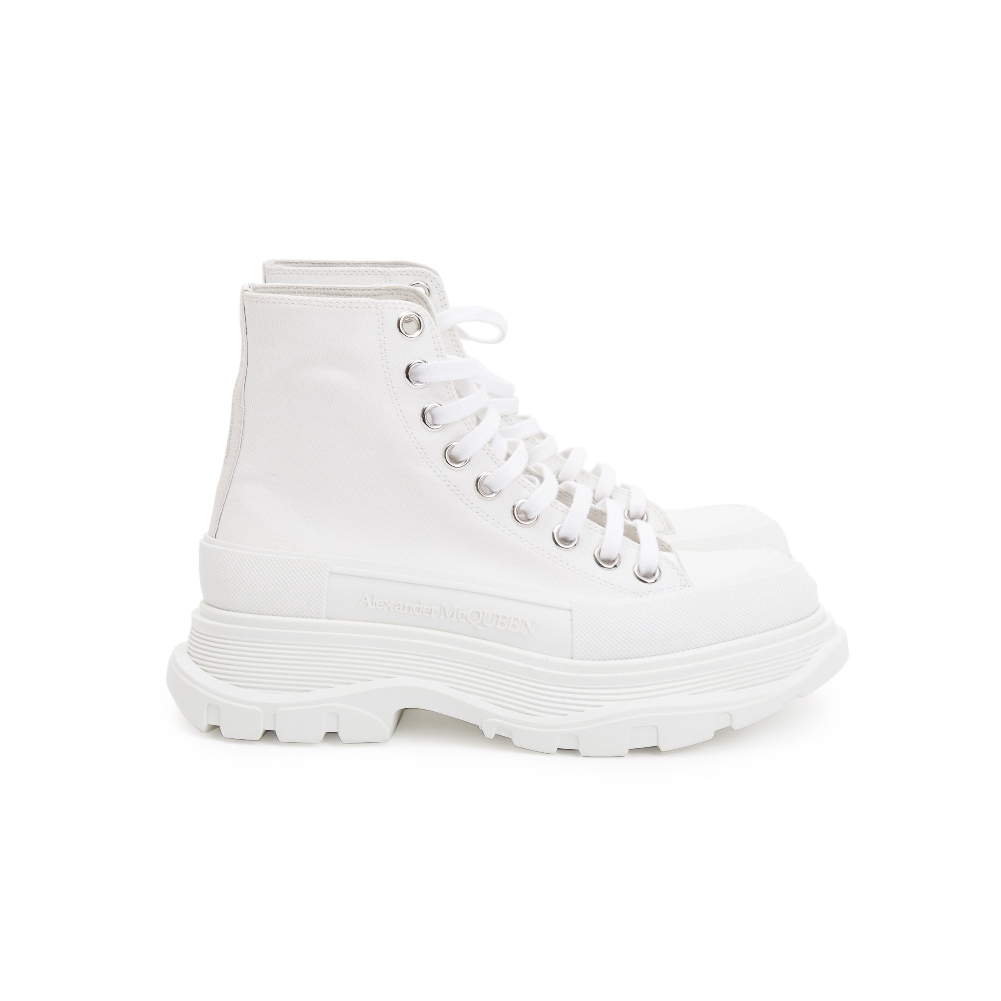 Alexander McQueen White Canvas Tread Slick Boots, Size 36 w/ Box