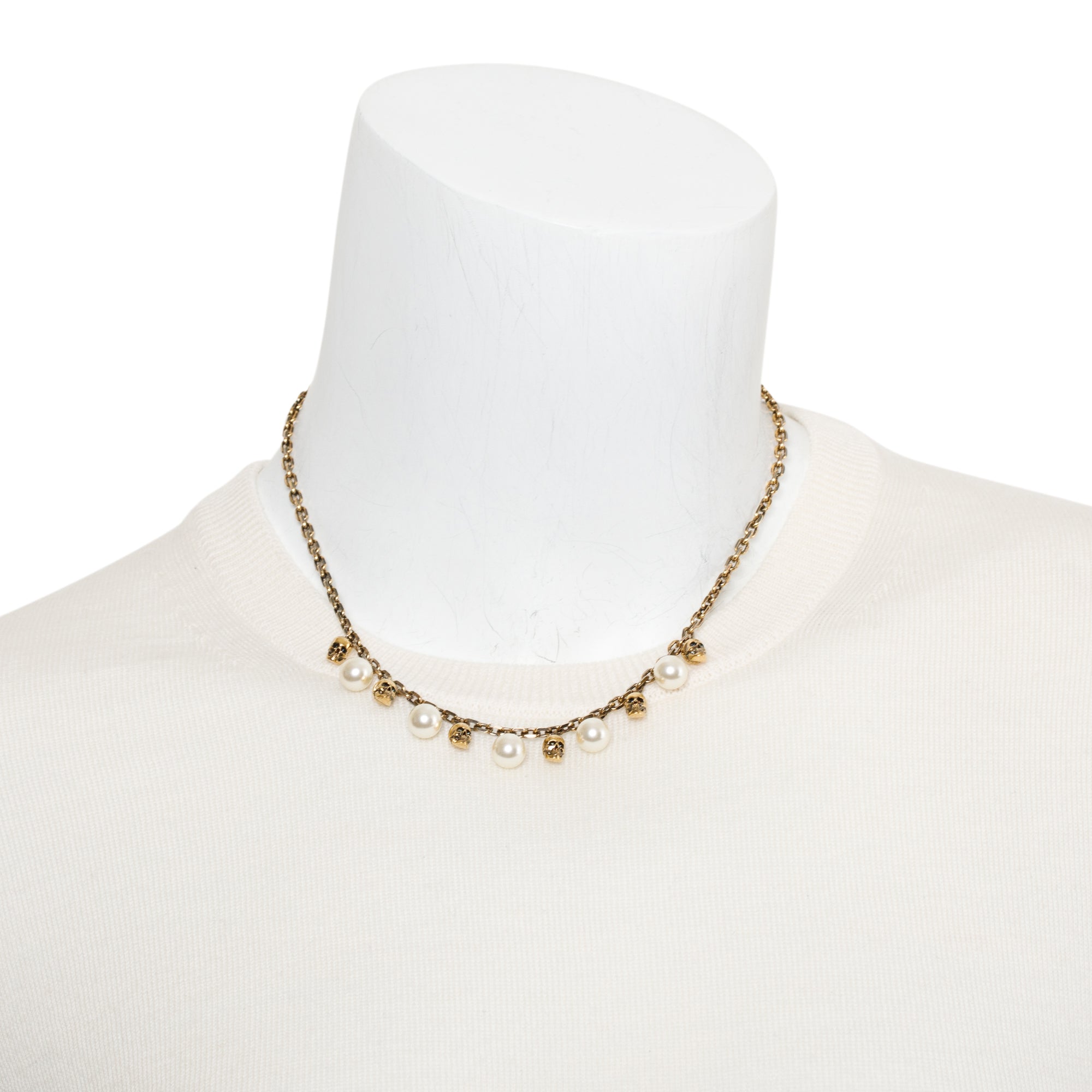 Alexander Mcqueen Antique Gold Tone Pearly Skull Necklace w/ Box