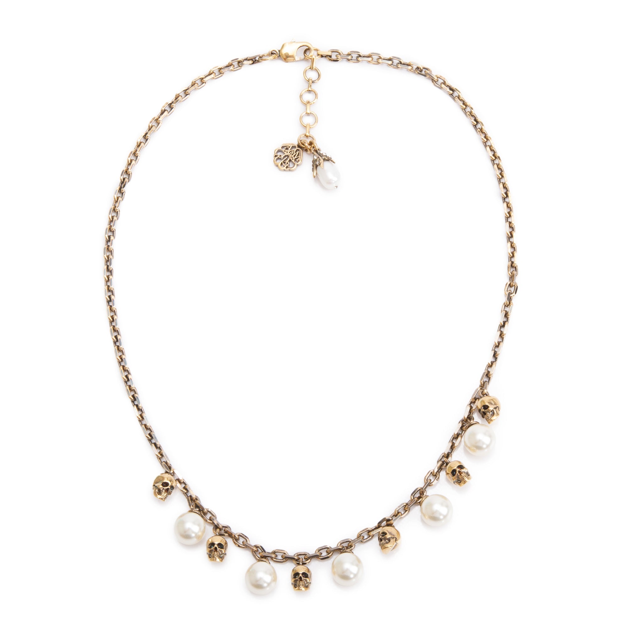 Alexander Mcqueen Antique Gold Tone Pearly Skull Necklace w/ Box