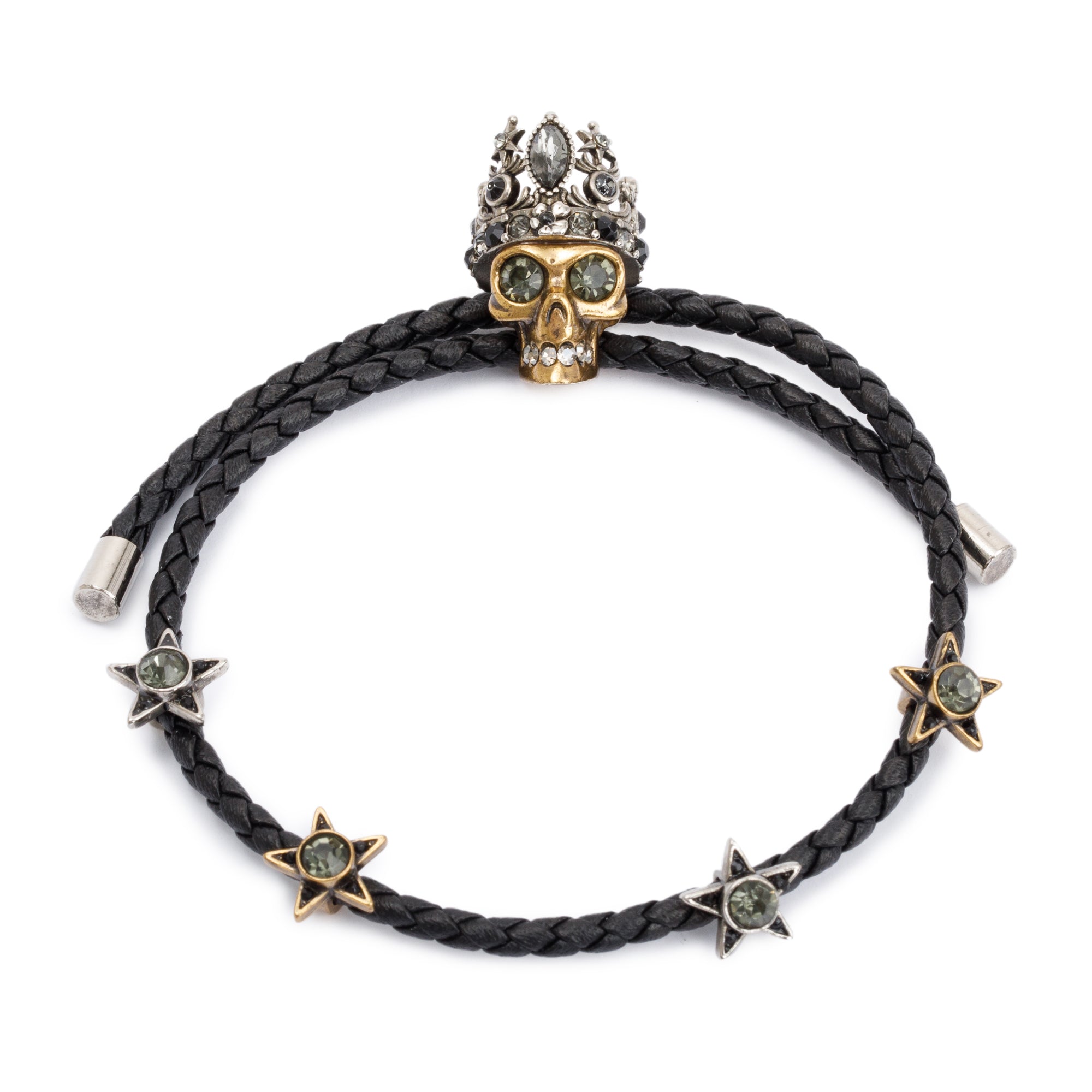 Alexander Mcqueen Gold Plated Metal & Crystal Crown Skull Wrap Leather Bracelet