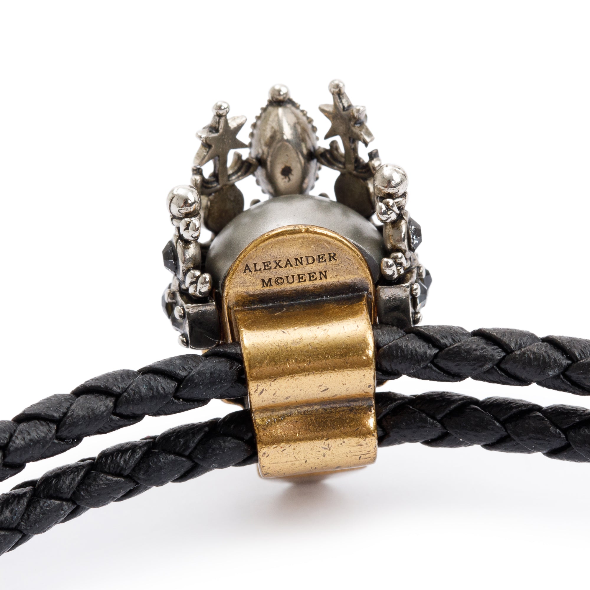 Alexander Mcqueen Gold Plated Metal & Crystal Crown Skull Wrap Leather Bracelet